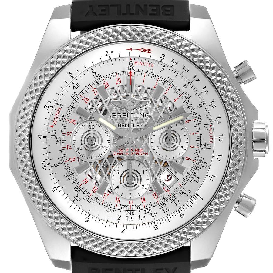 The Breitling Bentley watch is shown from the front, highlighting the dial, chronograph subdials, and textured bezel.