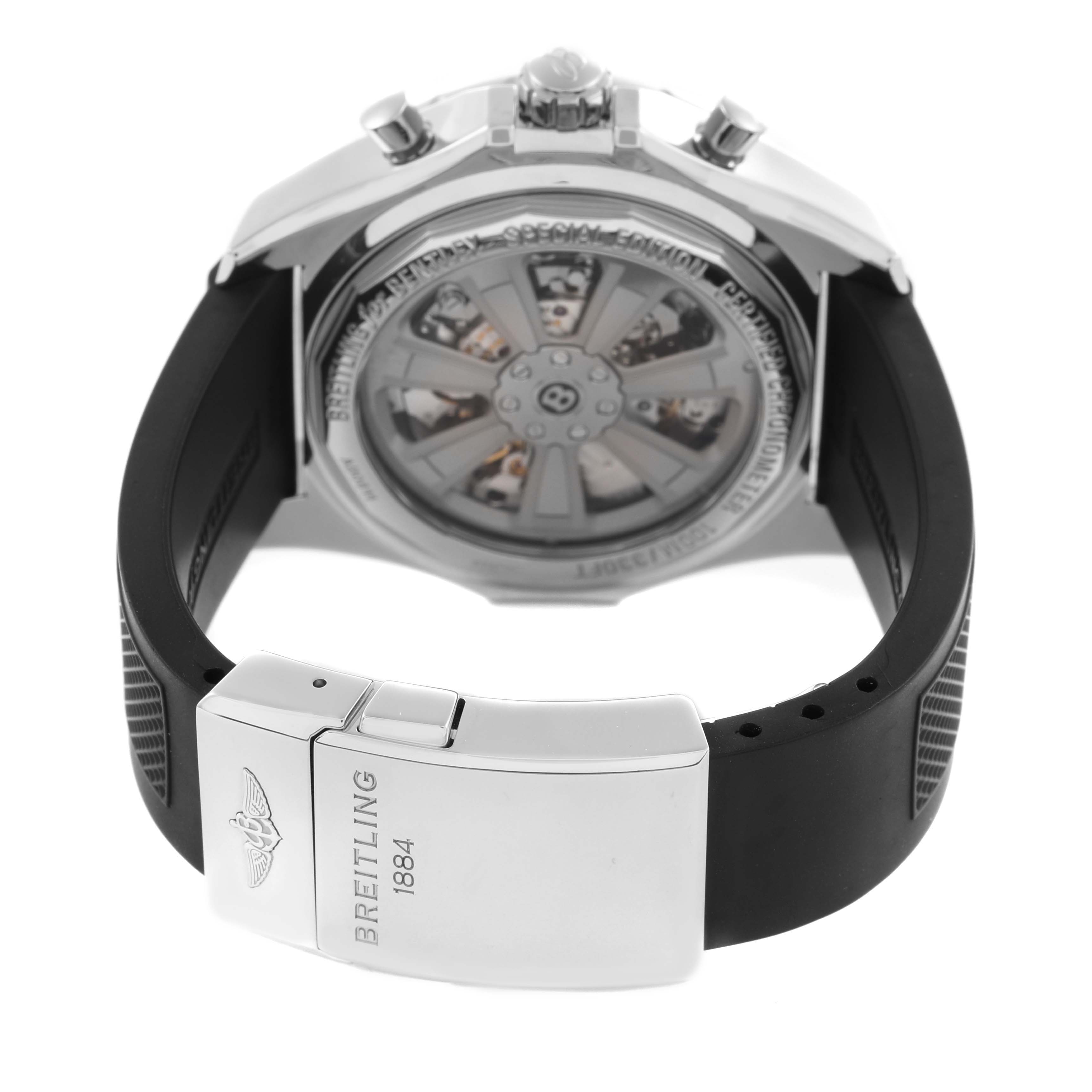 The image shows a rear angle of a Breitling Bentley AB061112/G768-990A Men
s Stainless Steel Silver Dial AB061112/G768-990A Men
s Stainless Steel Silver Dial watch, highlighting the clasp and transparent case back.