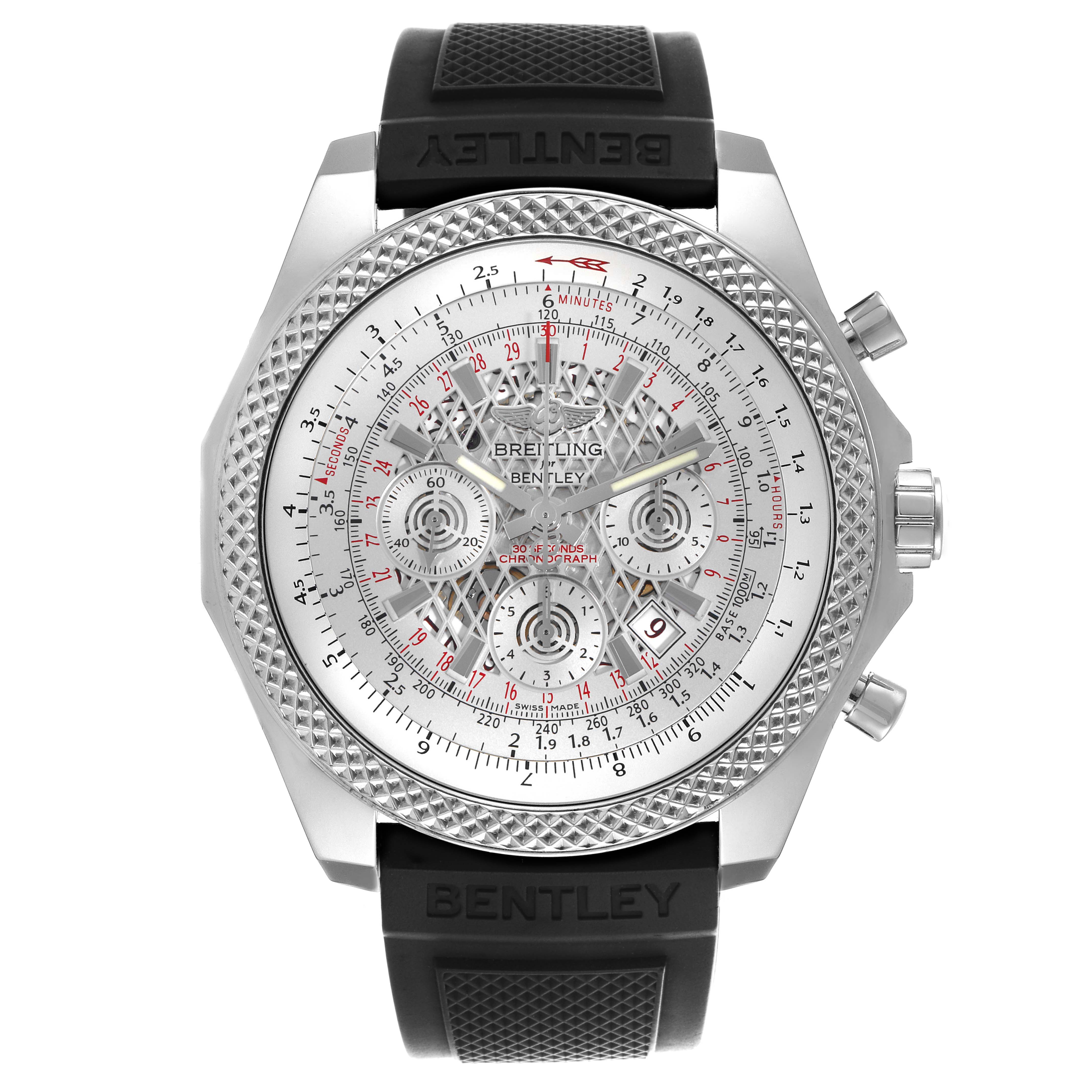 The Breitling Bentley AB061112/G768-990A Men
s Stainless Steel Silver Dial AB061112/G768-990A Men
s Stainless Steel Silver Dial watch is shown from a front view, displaying the face, bezel, pushers, and black strap.