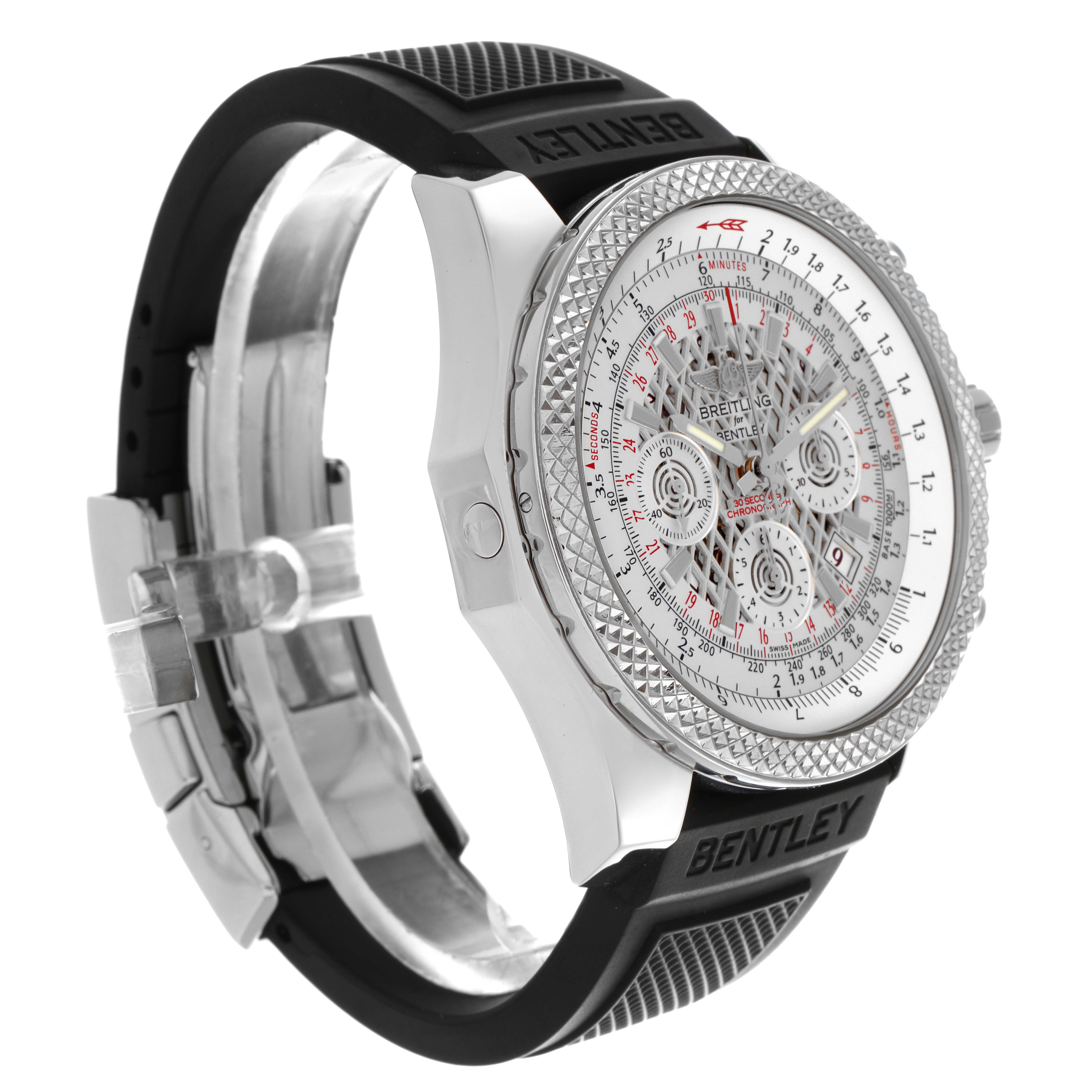 The Breitling Bentley AB061112/G768-990A Men
s Stainless Steel Silver Dial AB061112/G768-990A Men
s Stainless Steel Silver Dial watch is shown from a three-quarter side angle, highlighting the face, bezel, and strap with "Bentley" branding.