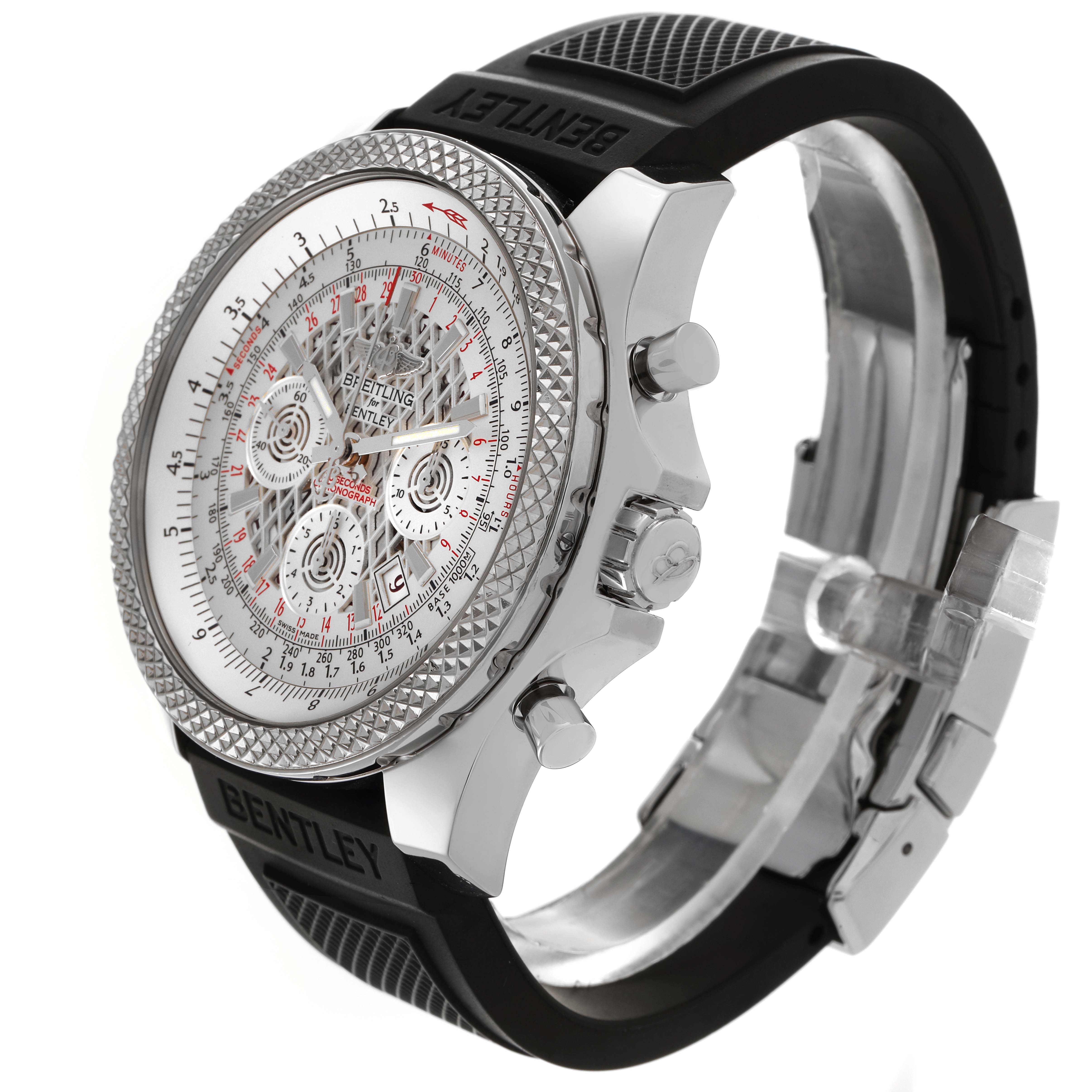 The Bentley model by Breitling is shown at an angled side view, displaying the face, bezel, pushers, and strap with "Bentley" branding.
