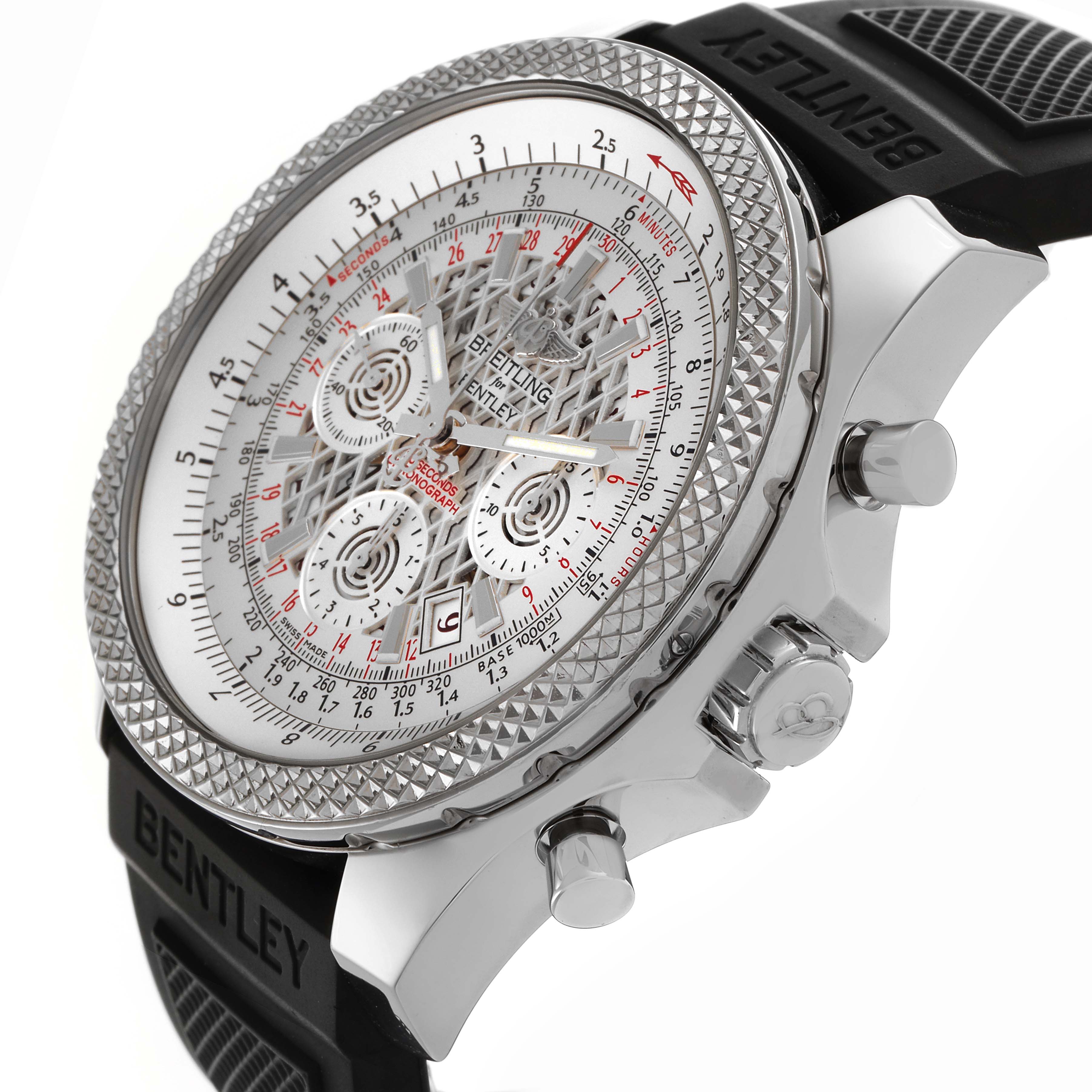 The Bentley model by Breitling is shown at a slight angle, displaying the face, bezel, crown, pushers, and part of the strap.