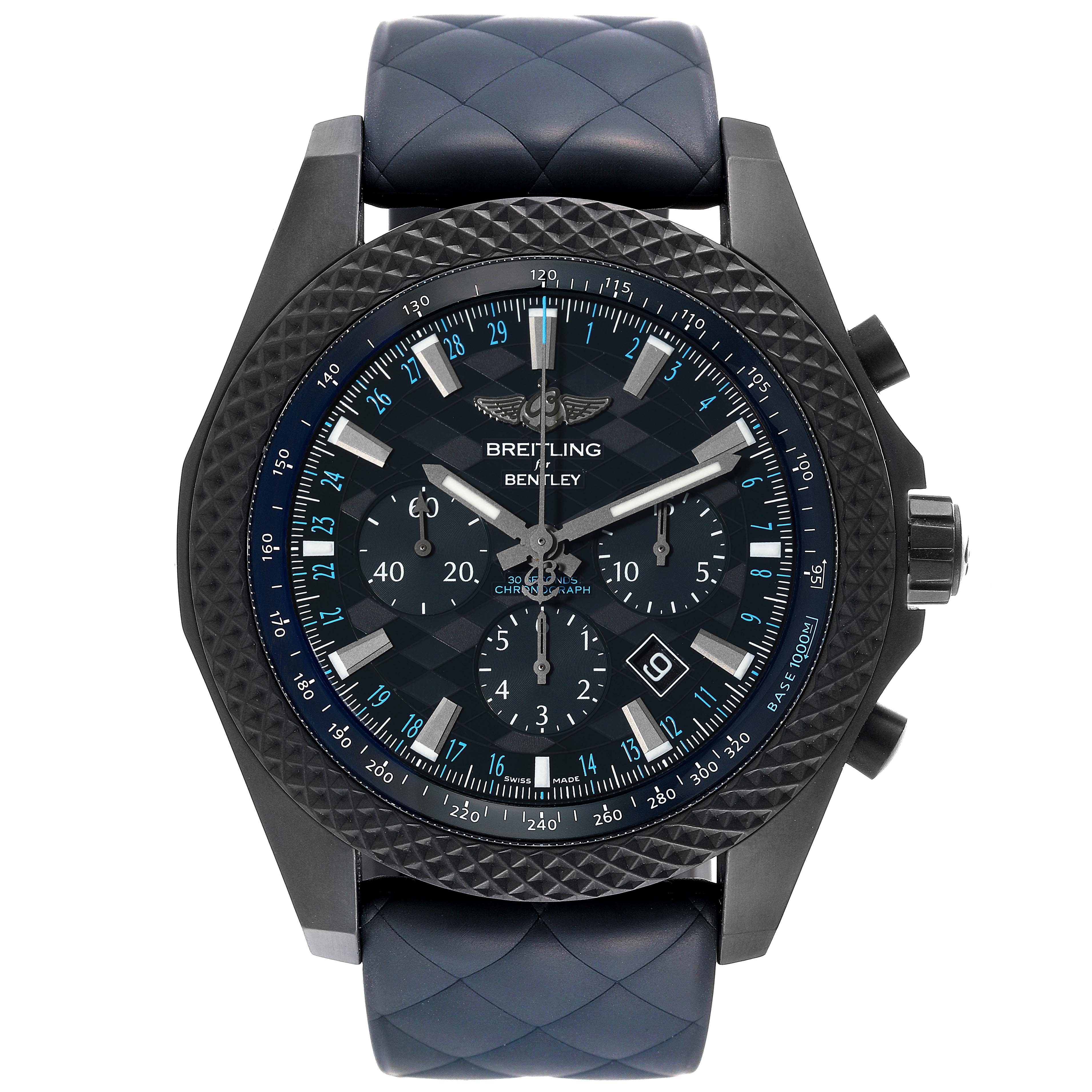 The Breitling Bentley XB0613C1/C984 Men's Ceramic Blue Dial XB0613C1/C984 Men's Ceramic Blue Dial model watch is shown from a front angle, displaying its dial, bezel, crown, and buttons.