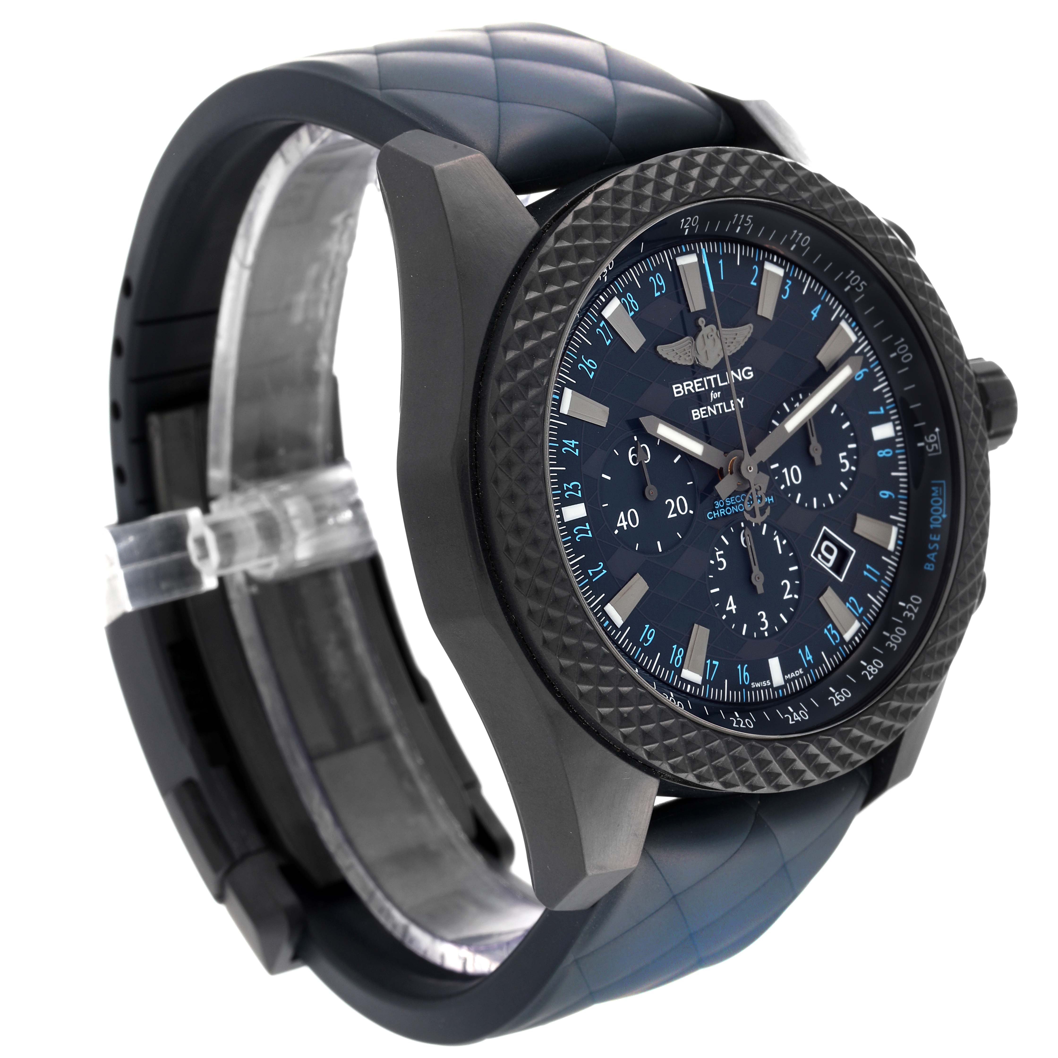 The image shows a side and front view of the Breitling Bentley XB0613C1/C984 Men's Ceramic Blue Dial XB0613C1/C984 Men's Ceramic Blue Dial model watch, featuring the dial, bezel, and strap.