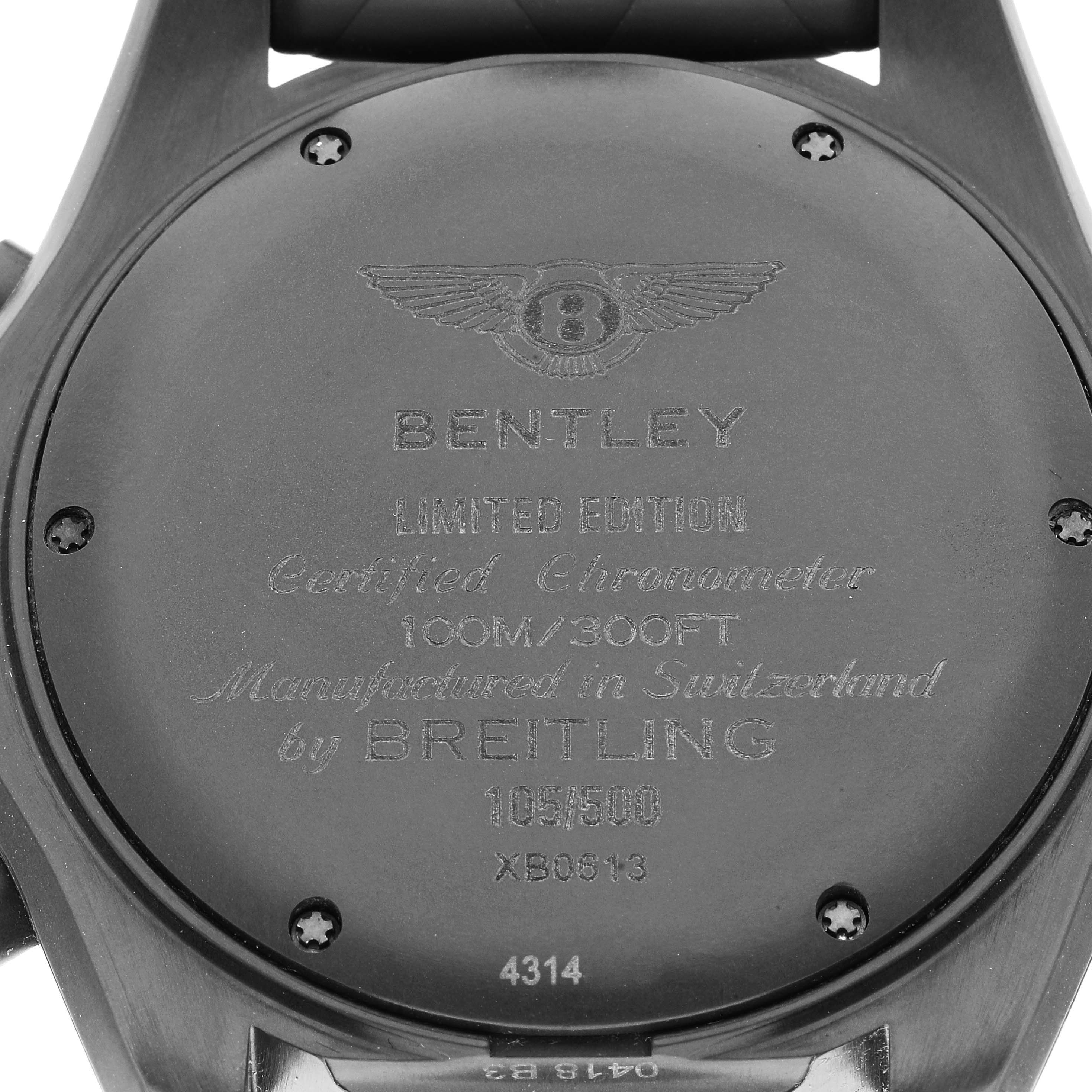The image shows the case back of the Breitling Bentley XB0613C1/C984 Men's Ceramic Blue Dial XB0613C1/C984 Men's Ceramic Blue Dial watch model, displaying engravings and limited edition information.