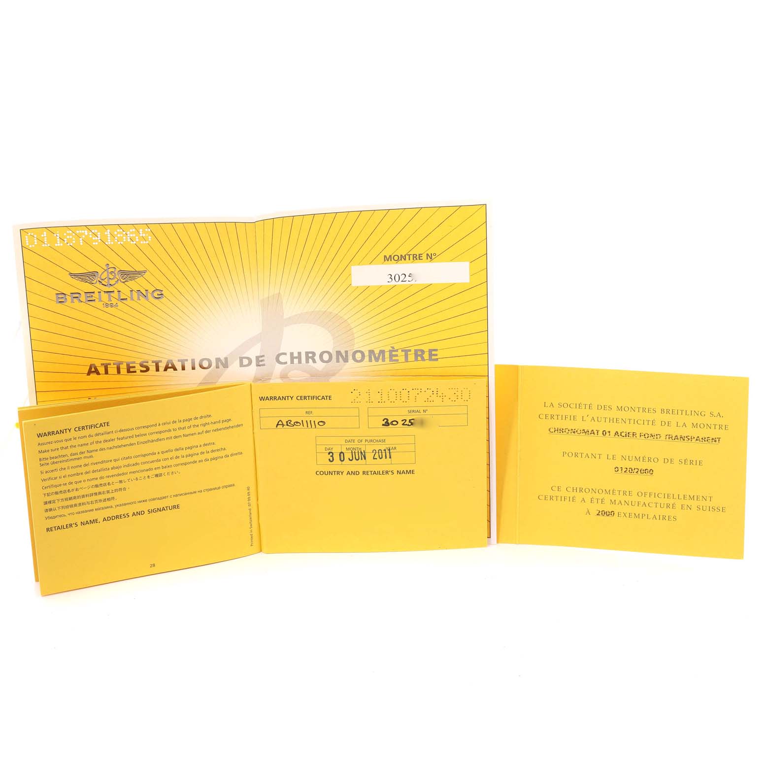 This image displays the warranty certificate and authenticity documents for the Breitling Chronomat AB011110/BA50-SS Men's Stainless Steel Black Dial AB011110/BA50-SS Men's Stainless Steel Black Dial model watch.