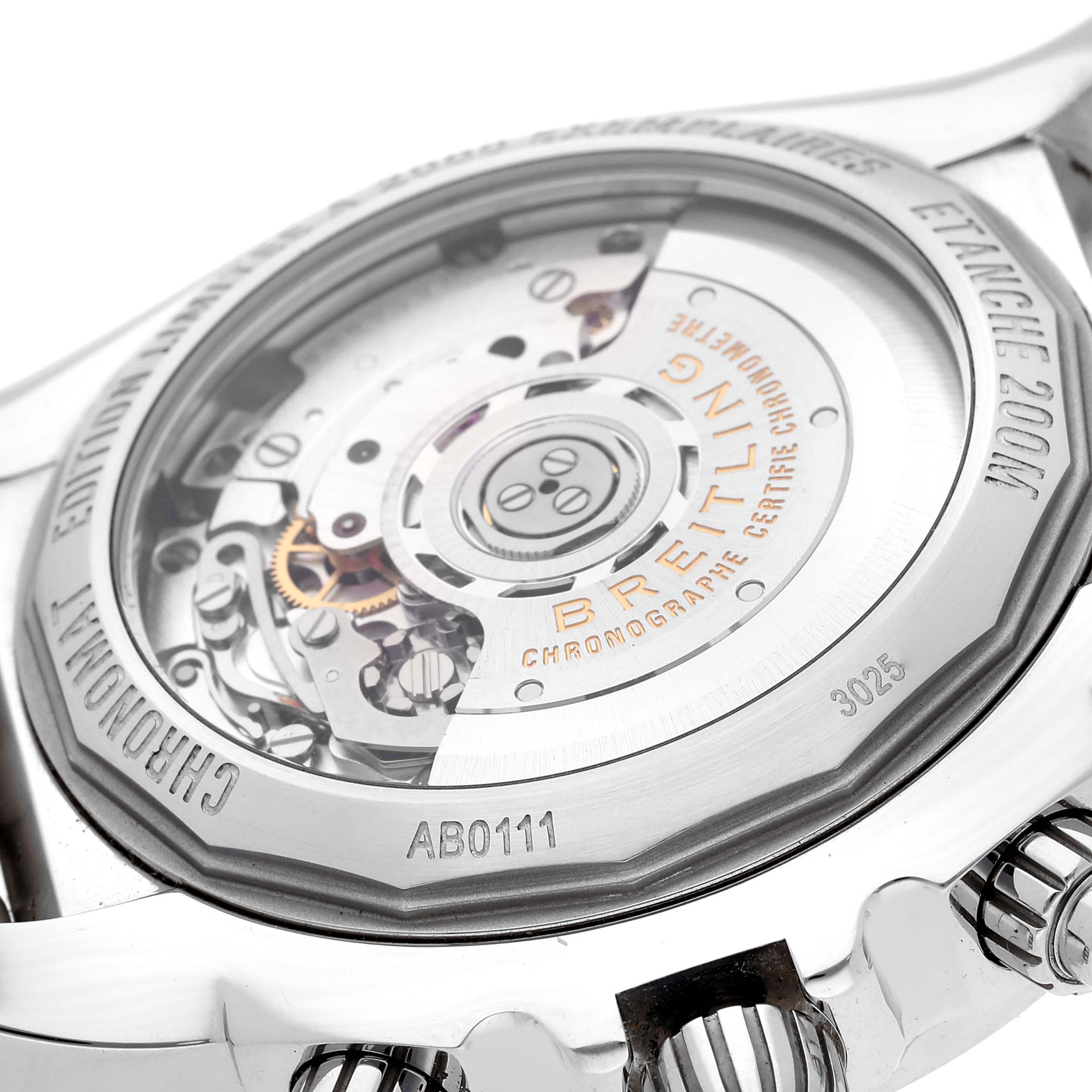 The image shows the back view of the Breitling Chronomat AB011110/BA50-SS Men's Stainless Steel Black Dial AB011110/BA50-SS Men's Stainless Steel Black Dial watch, highlighting its automatic movement and transparent case back.