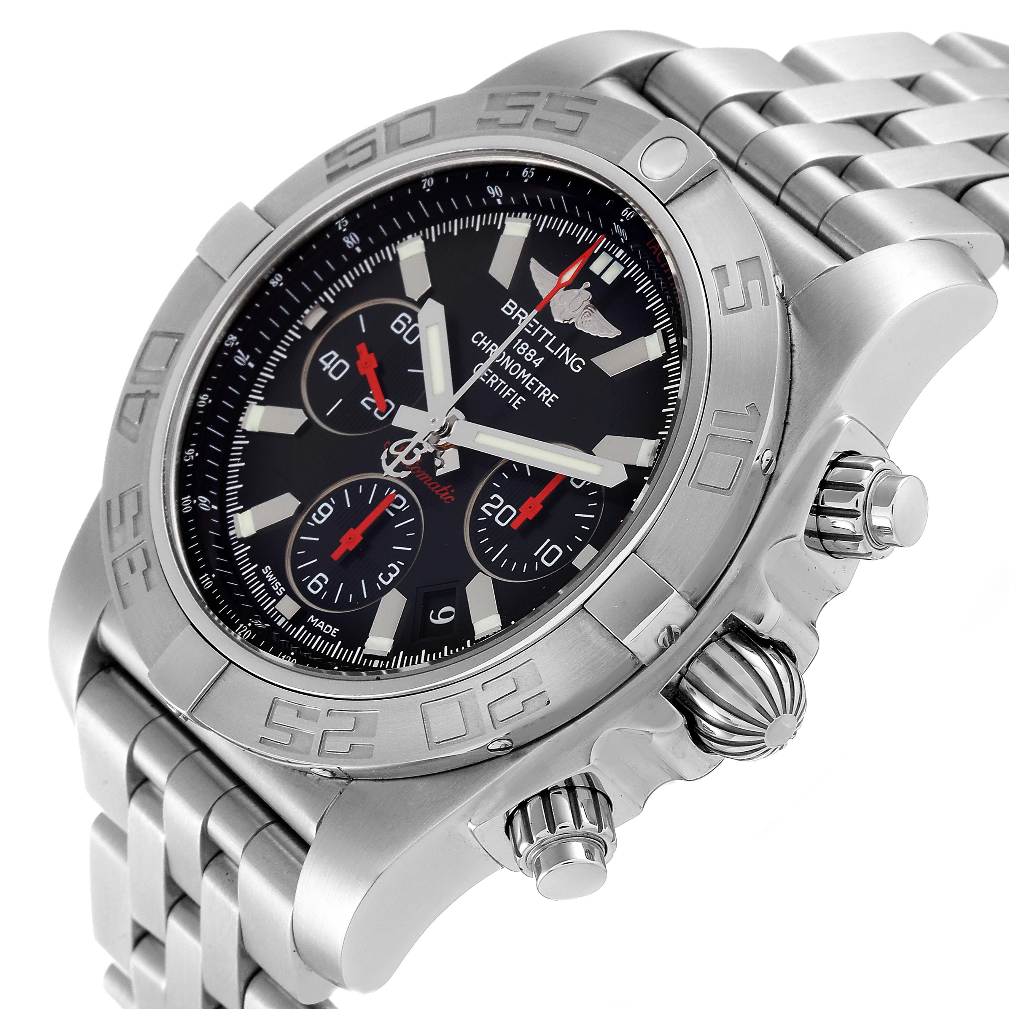 The Breitling Chronomat AB011110/BA50-SS Men's Stainless Steel Black Dial AB011110/BA50-SS Men's Stainless Steel Black Dial watch is shown at a slight angle, displaying the bezel, chronograph dials, and crown in detail.