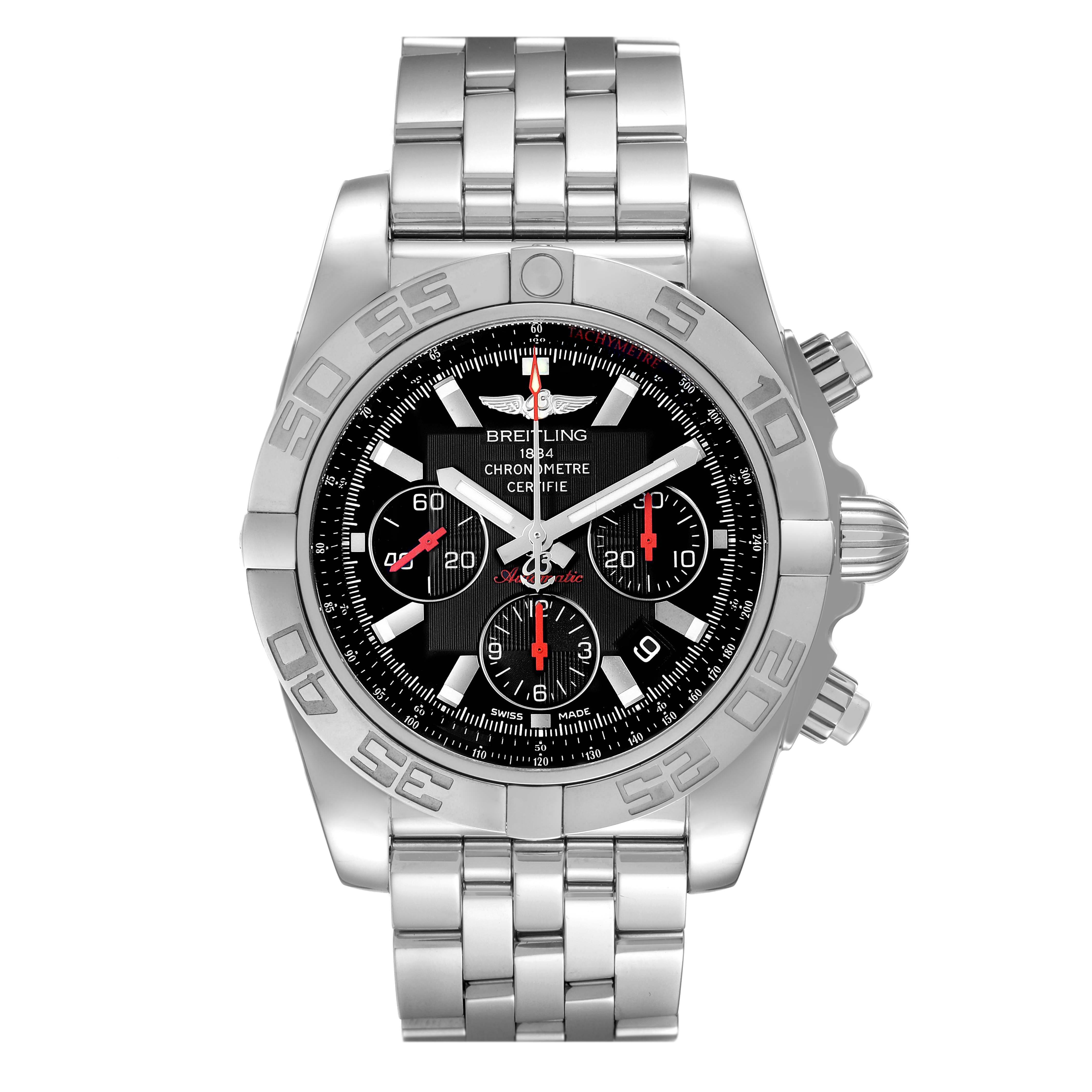 The Breitling Chronomat AB011110/BA50-SS Men's Stainless Steel Black Dial AB011110/BA50-SS Men's Stainless Steel Black Dial watch is shown from a top-down angle, highlighting the face, bezel, crown, and stainless steel bracelet.