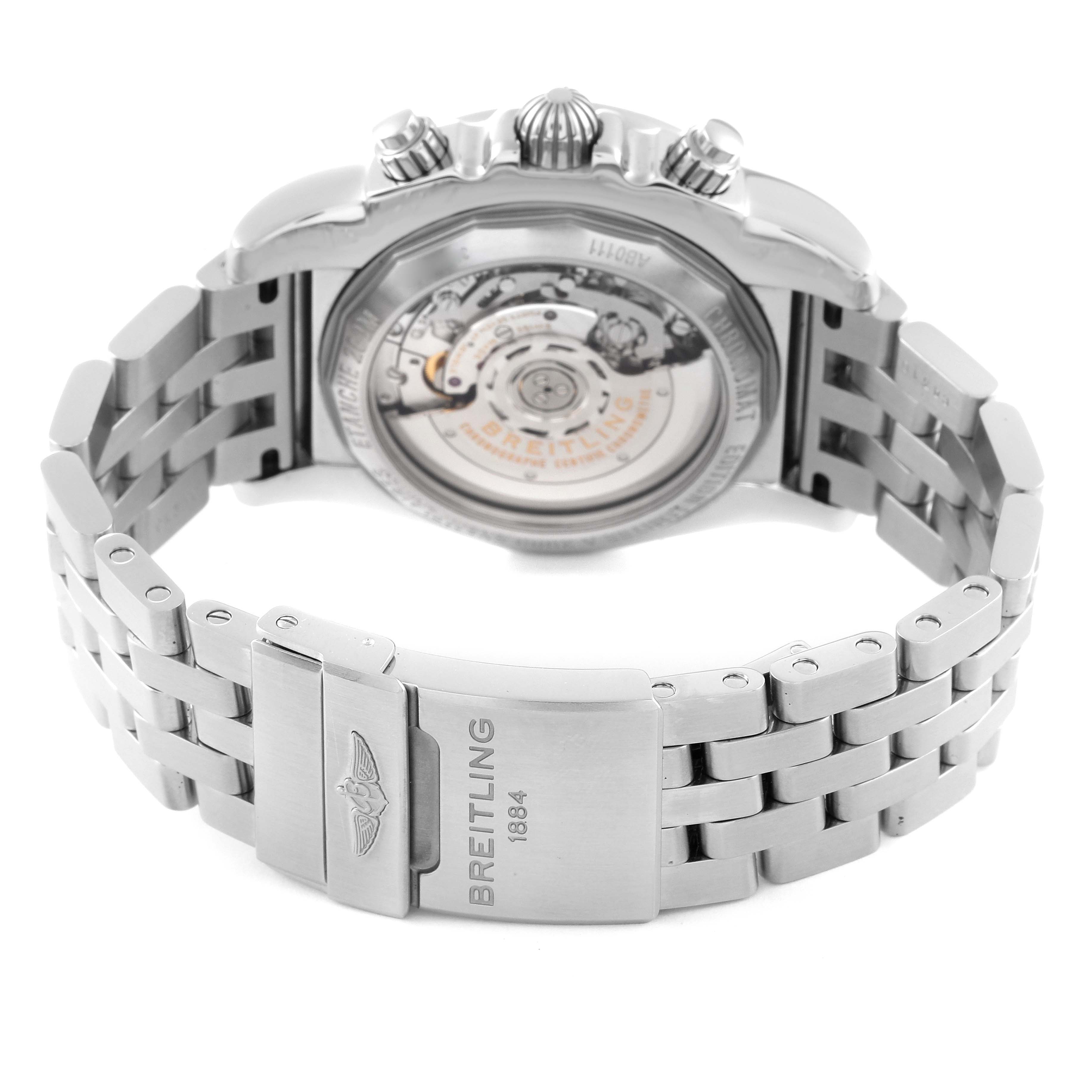 The image shows the back view of a Breitling Chronomat AB011110/BA50-SS Men's Stainless Steel Black Dial AB011110/BA50-SS Men's Stainless Steel Black Dial watch, highlighting the case back, bracelet, and clasp.