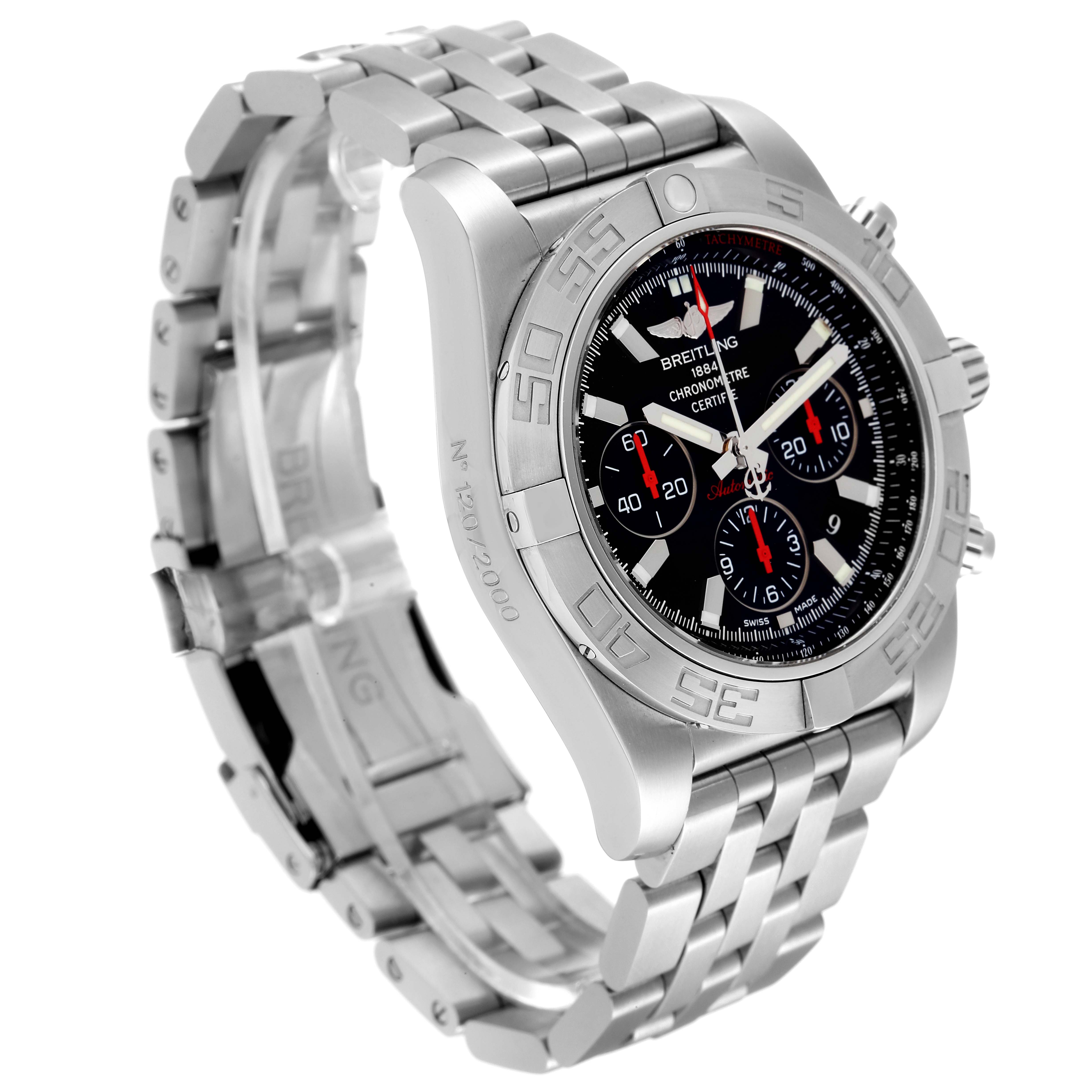 The Breitling Chronomat AB011110/BA50-SS Men's Stainless Steel Black Dial AB011110/BA50-SS Men's Stainless Steel Black Dial watch is shown at a front-left angle, highlighting its dial, bezel, and stainless steel bracelet.
