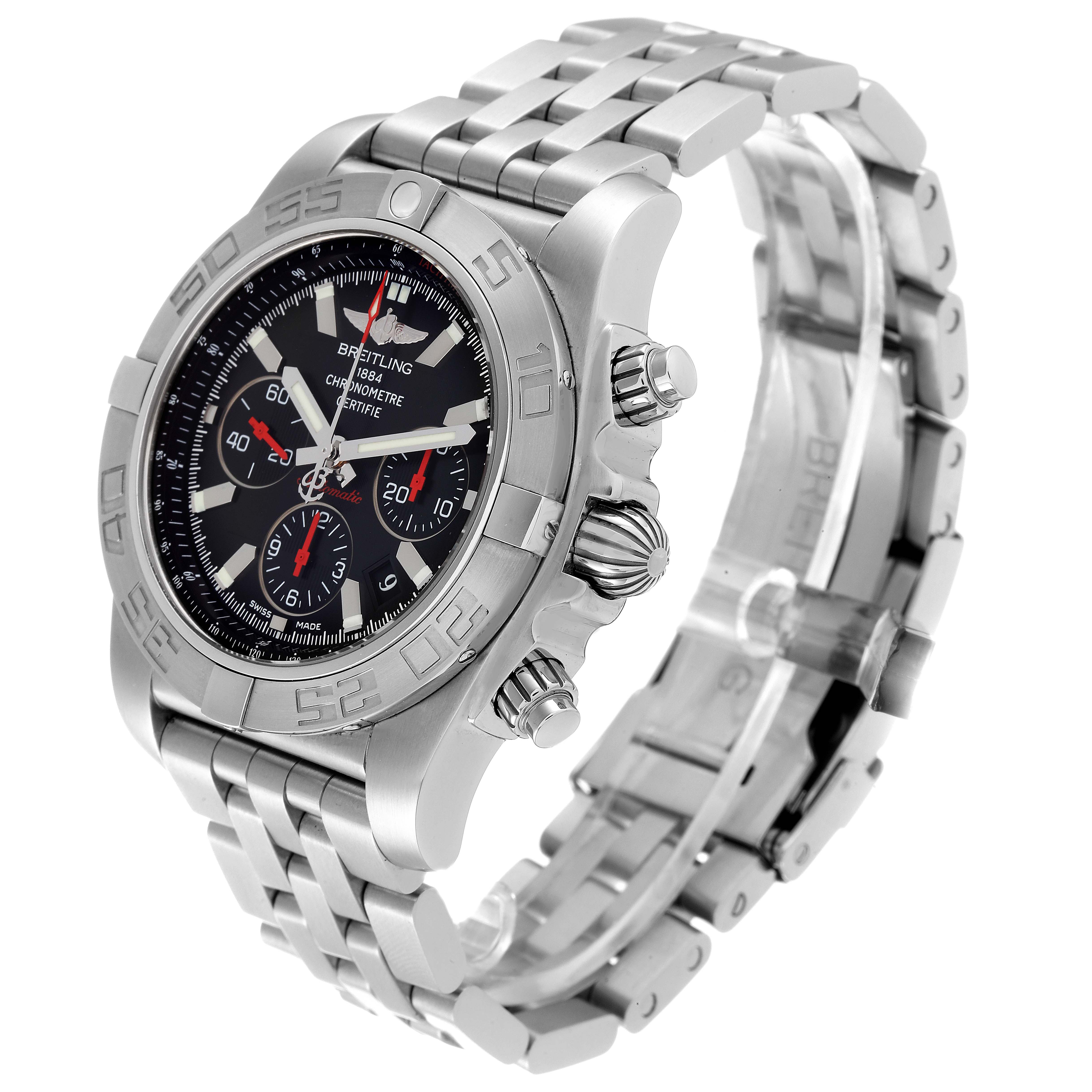 The image shows a Breitling Chronomat AB011110/BA50-SS Men's Stainless Steel Black Dial AB011110/BA50-SS Men's Stainless Steel Black Dial watch at a slight angle, highlighting the face, bezel, crown, and stainless steel bracelet.