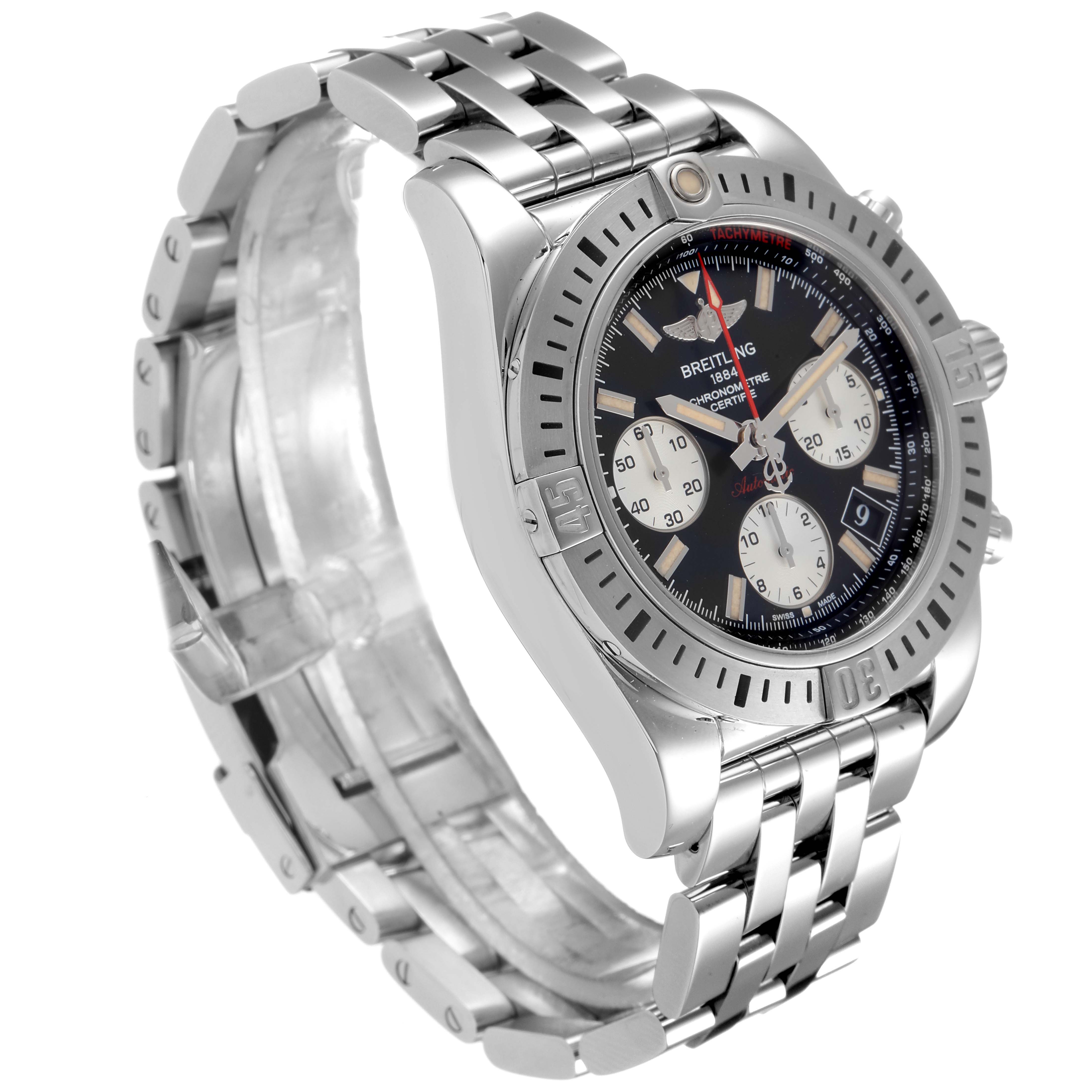 The image shows a Breitling Chronomat AB0141 Men
s Stainless Steel Black Dial AB0141 Men
s Stainless Steel Black Dial watch at a three-quarter angle, highlighting its stainless steel case, bezel, bracelet, and dial.