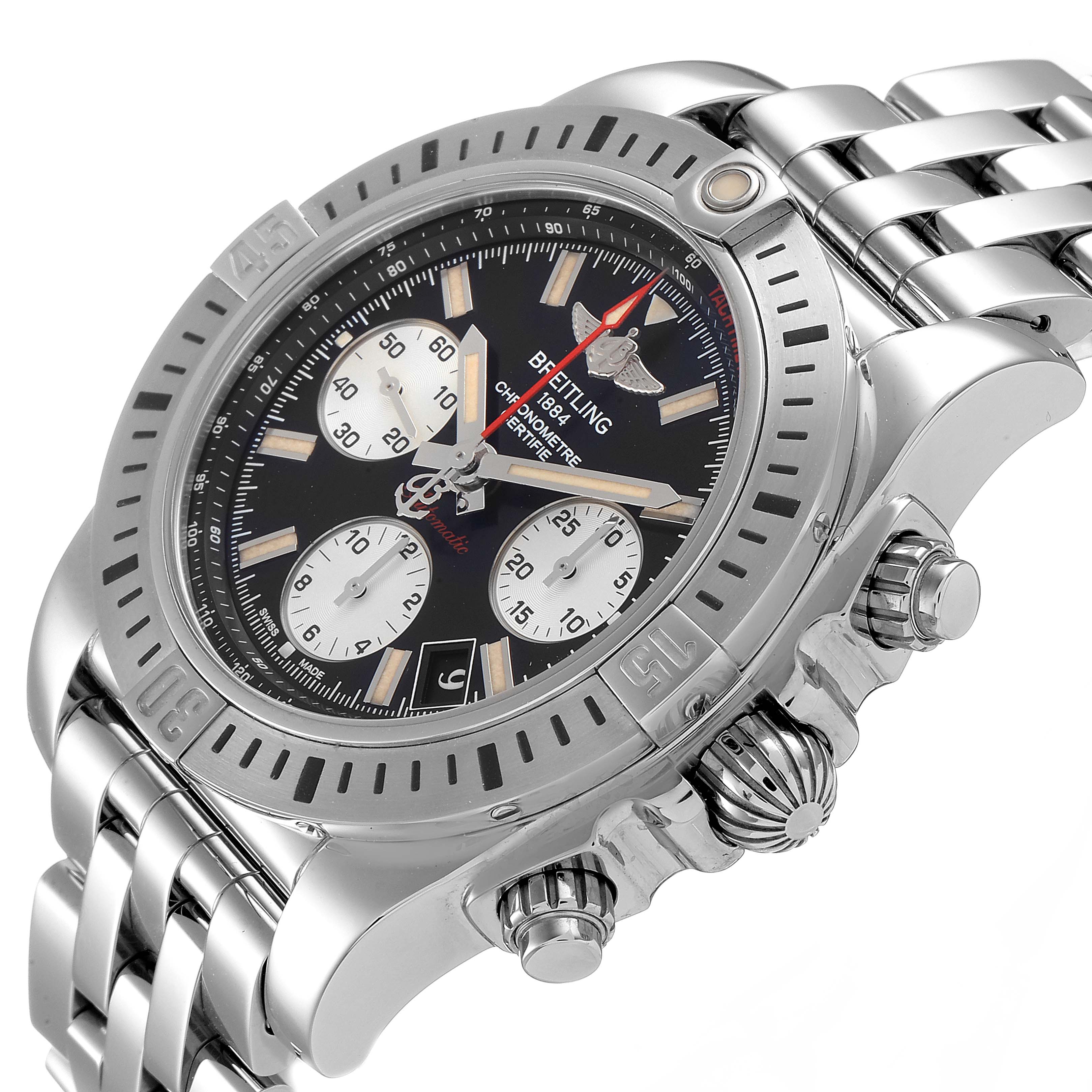 The Breitling Chronomat AB0141 Men
s Stainless Steel Black Dial AB0141 Men
s Stainless Steel Black Dial watch is shown from an oblique angle, highlighting the dial, bezel, crown, and part of the bracelet.