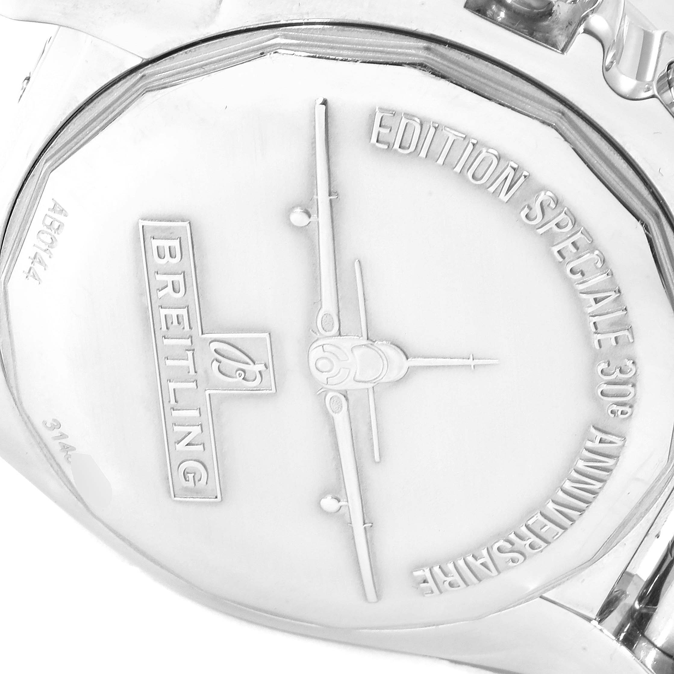 The image shows the back of a Breitling Chronomat AB0141 Men
s Stainless Steel Black Dial AB0141 Men
s Stainless Steel Black Dial 30th Anniversary Edition watch, highlighting its engravings.