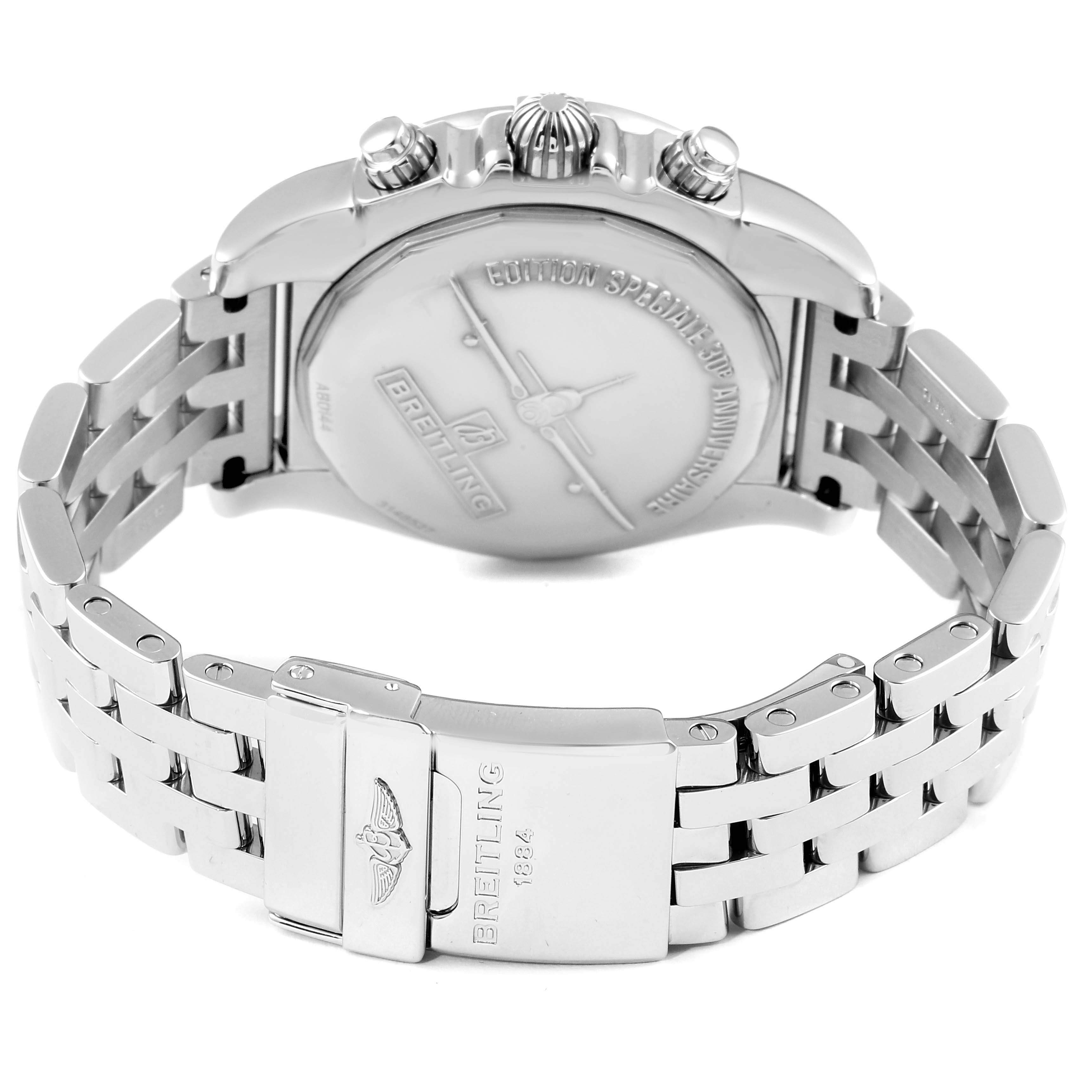 The image shows the back and clasp of a Breitling Chronomat AB0141 Men
s Stainless Steel Black Dial AB0141 Men
s Stainless Steel Black Dial watch with its metal bracelet and caseback details visible.