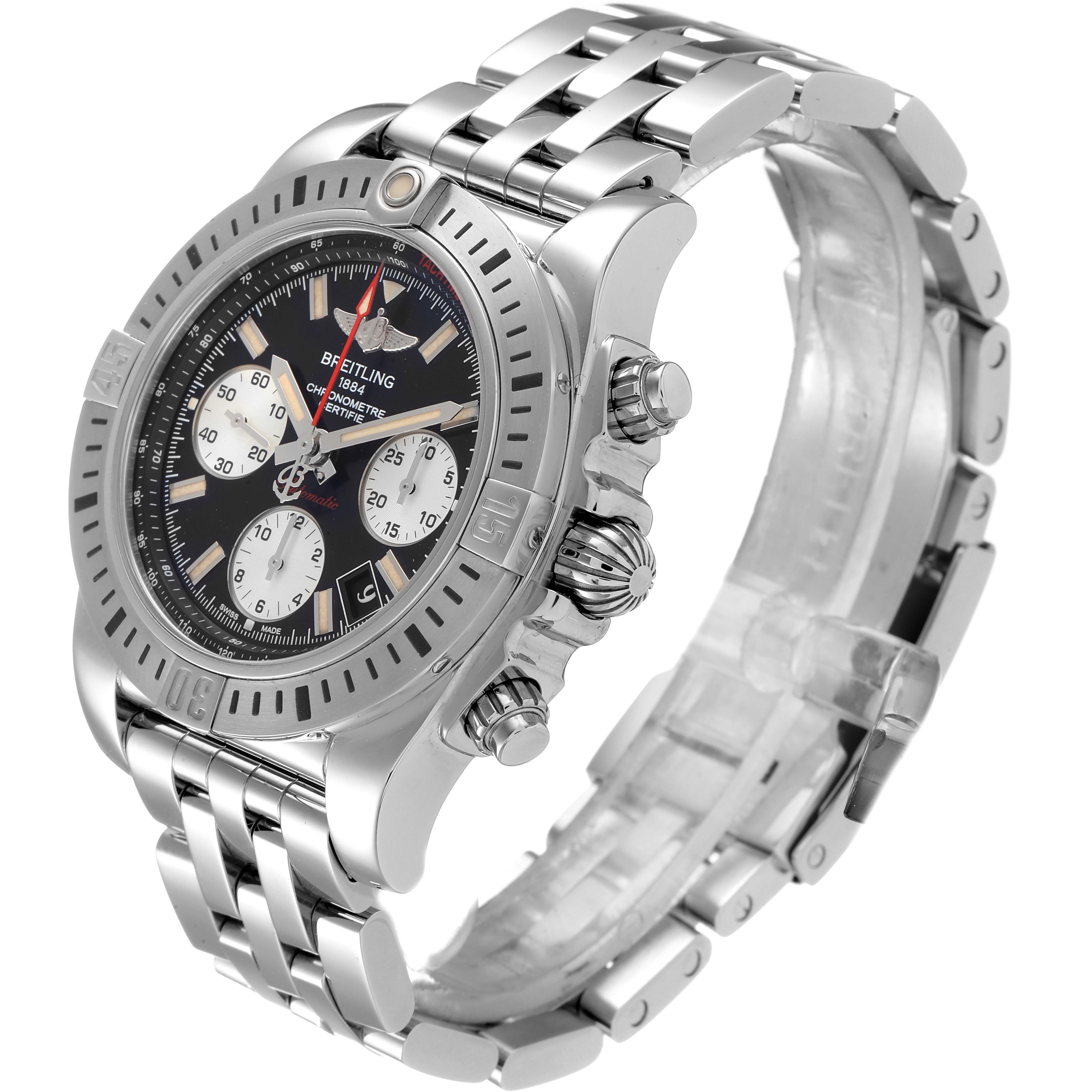 The Breitling Chronomat AB0141 Men
s Stainless Steel Black Dial AB0141 Men
s Stainless Steel Black Dial watch is shown at an angle highlighting the face, bezel, crown, and bracelet.