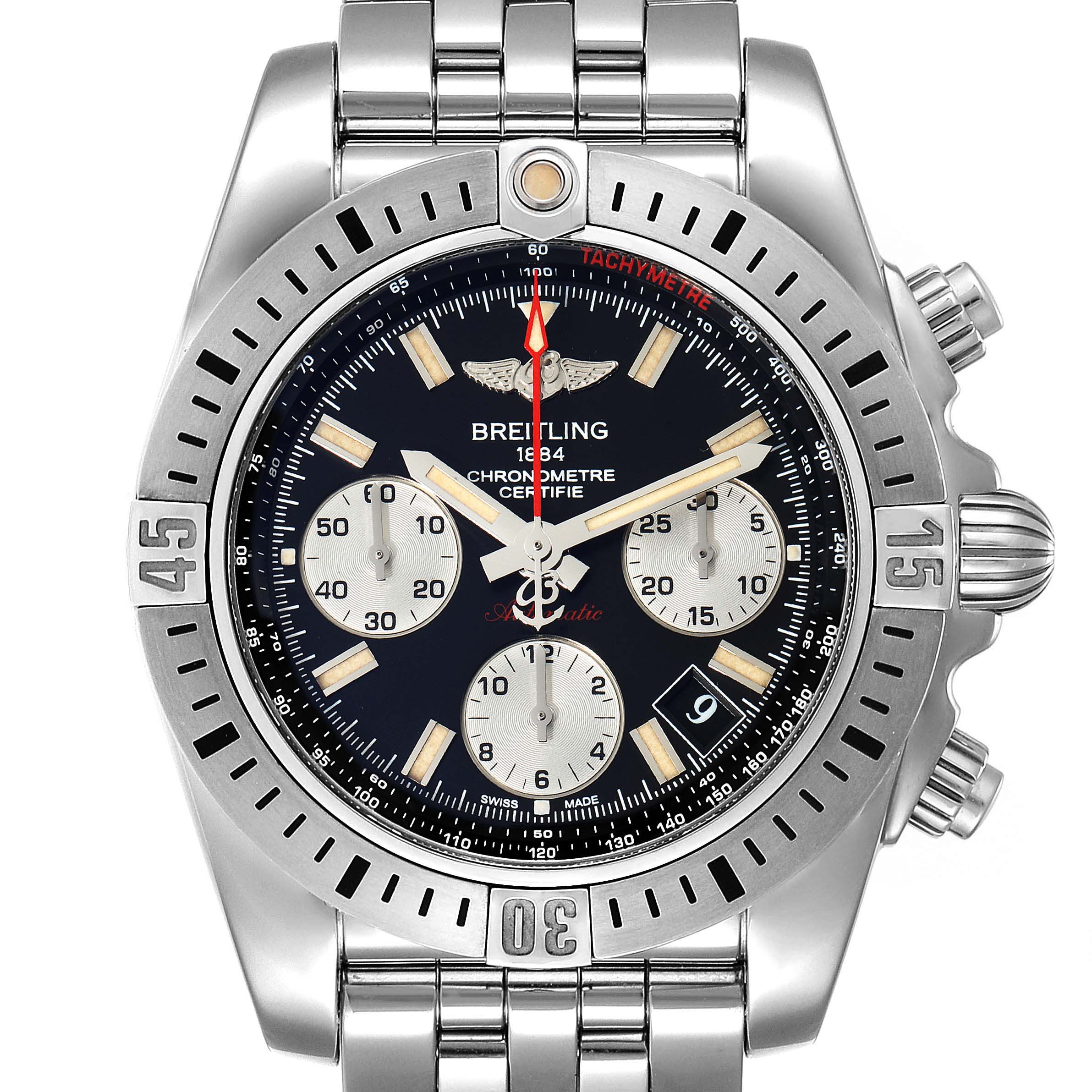 This image shows a frontal view of a Breitling Chronomat AB0141 Men
s Stainless Steel Black Dial AB0141 Men
s Stainless Steel Black Dial watch, highlighting its stainless steel bezel, dial, and bracelet.