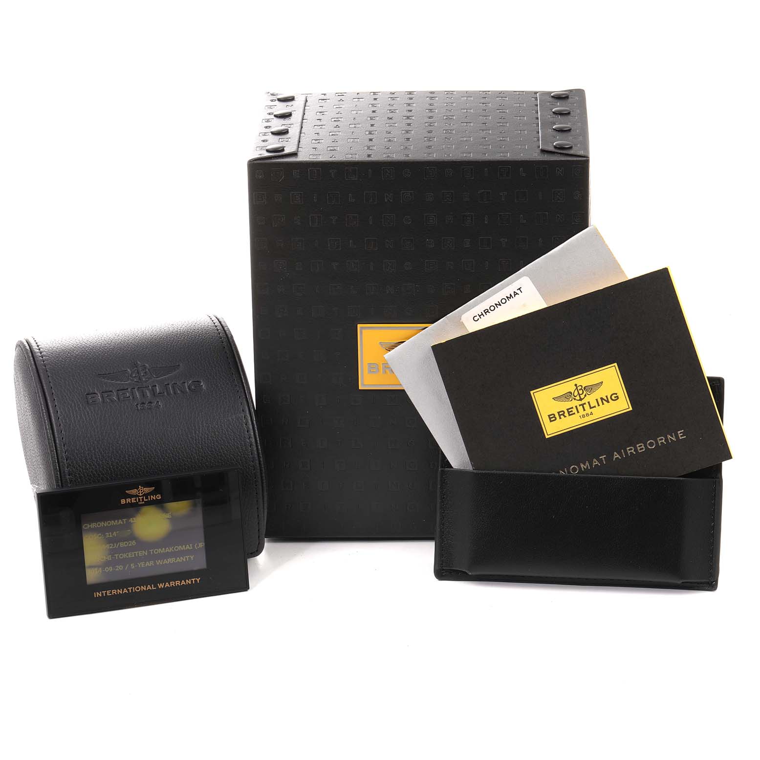 The image shows the packaging and accessories for a Breitling Chronomat AB0141 Men
s Stainless Steel Black Dial AB0141 Men
s Stainless Steel Black Dial watch, including the box, warranty card, and manuals.