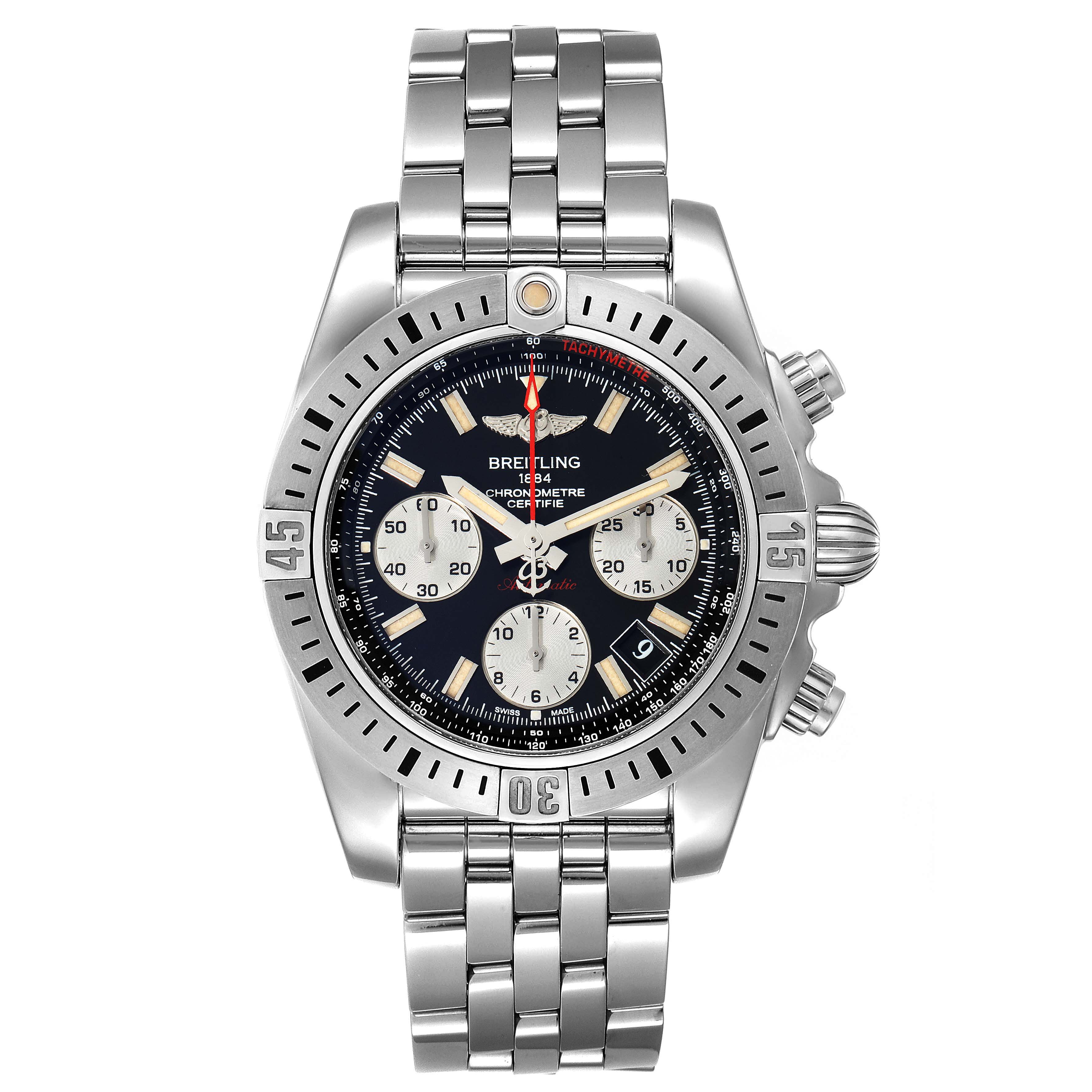 The Breitling Chronomat AB0141 Men
s Stainless Steel Black Dial AB0141 Men
s Stainless Steel Black Dial watch is shown from a front angle, displaying its face, bezel, and metal bracelet.