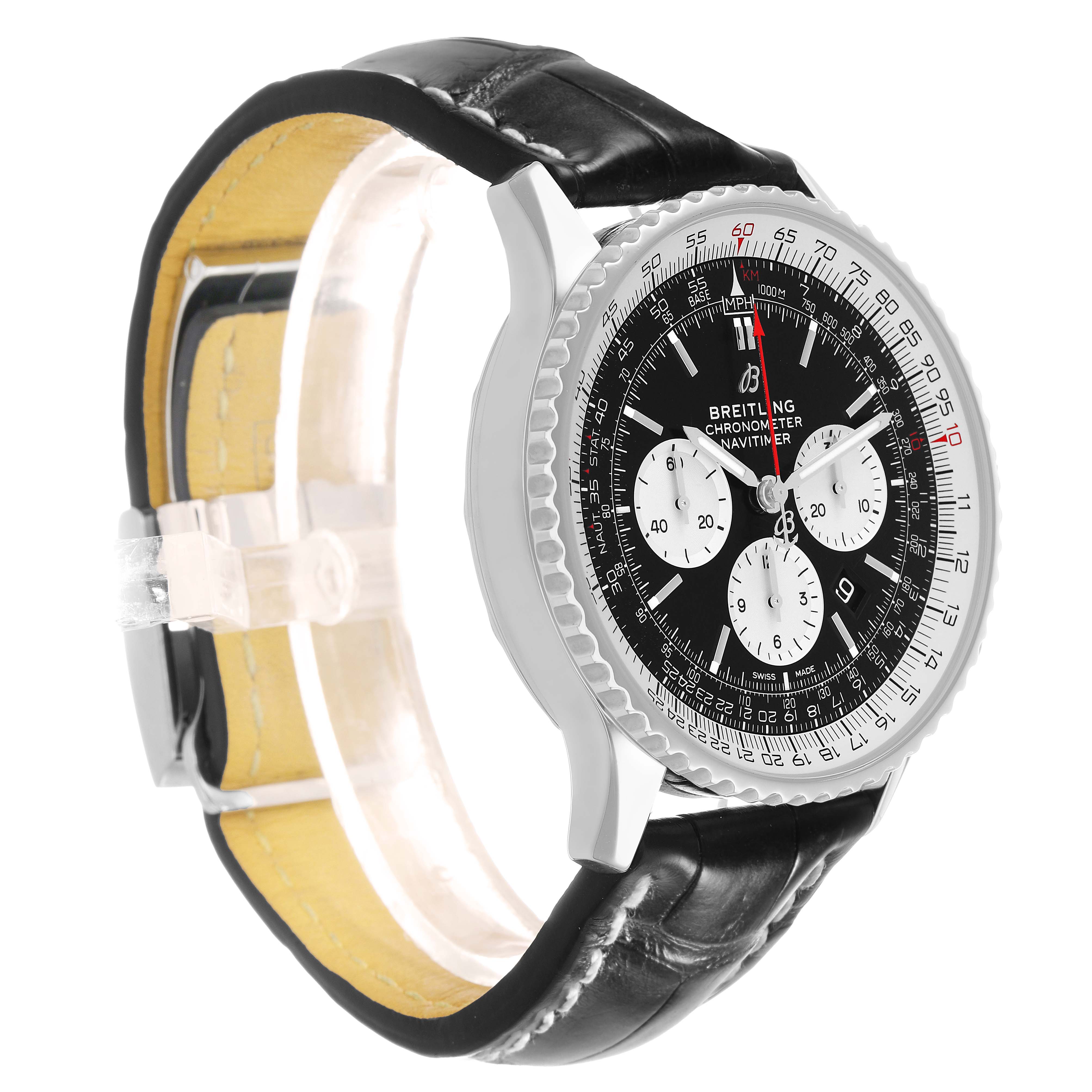The Breitling Navitimer AB0127 Men's Stainless Steel Black Dial watch is shown from a side angle, highlighting the black dial, bezel, and leather strap.