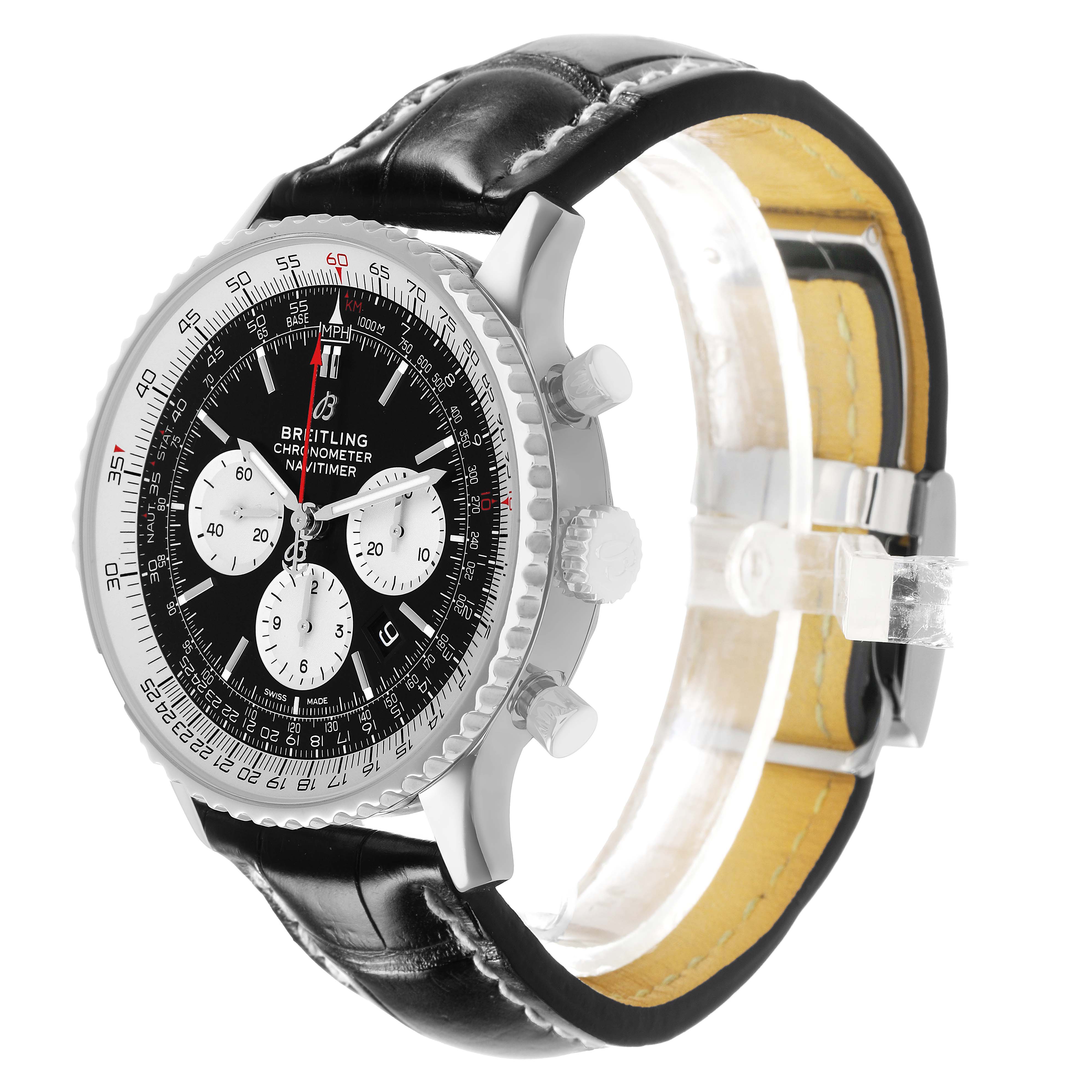 The Breitling Navitimer AB0127 Men's Stainless Steel Black Dial watch is shown at a three-quarter angle, highlighting the face, bezel, pushers, crown, and leather strap.