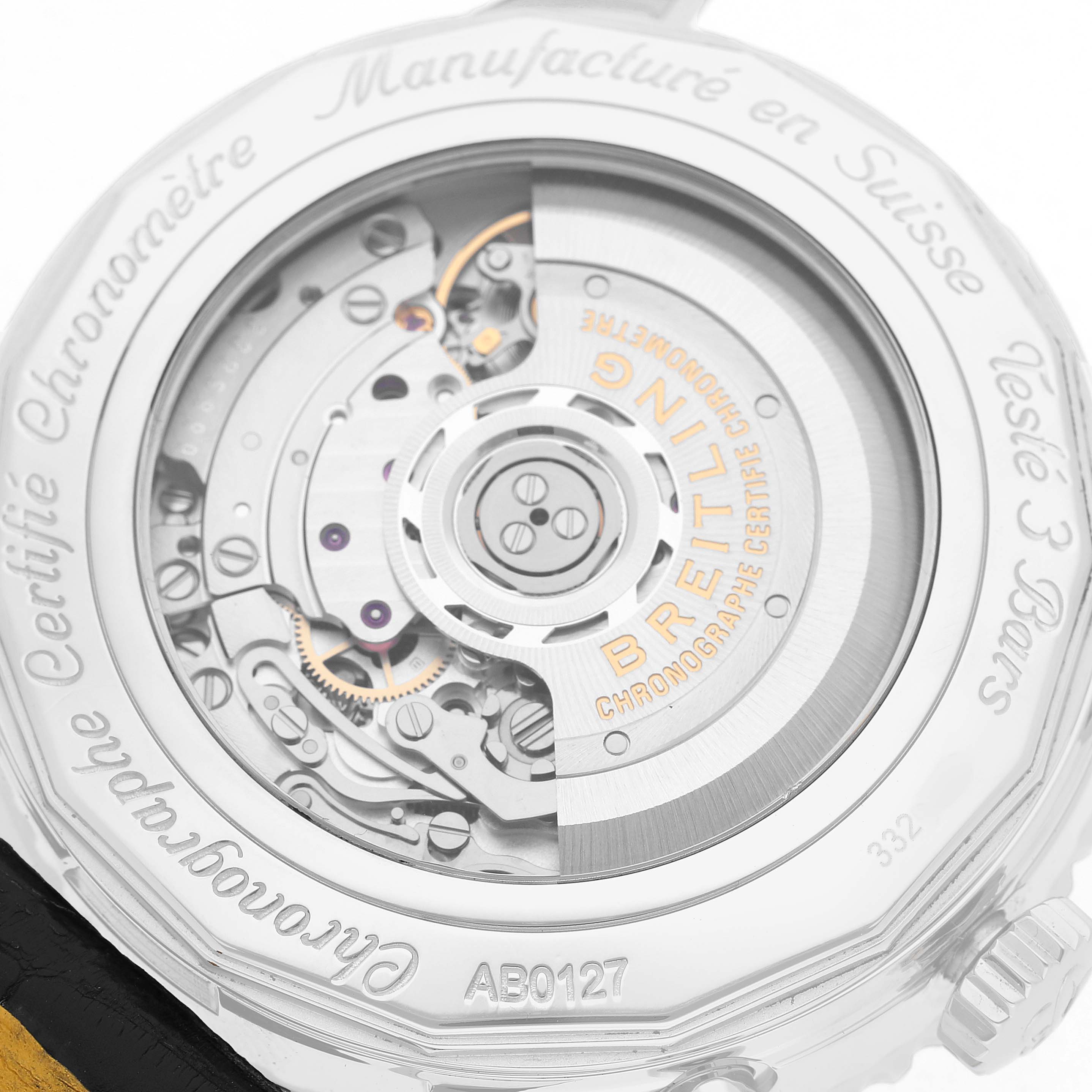 The image shows the case back of a Breitling Navitimer AB0127 Men's Stainless Steel Black Dial, revealing the intricate automatic movement and engravings.