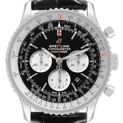 The Breitling Navitimer AB0127 Men's Stainless Steel Black Dial is shown from the front, displaying its dial, subdials, bezel, and part of the strap.