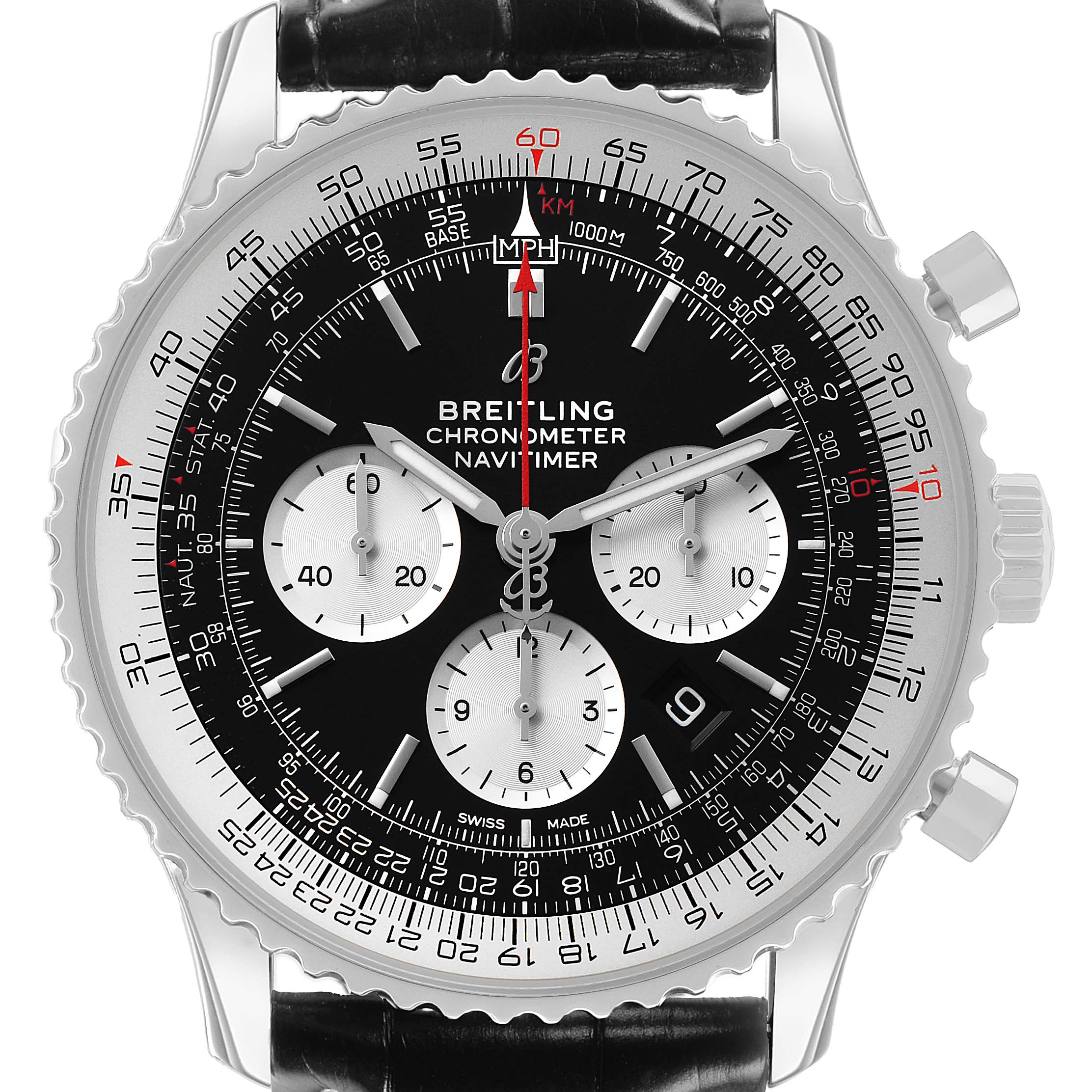The Breitling Navitimer AB0127 Men's Stainless Steel Black Dial watch is shown from the front, highlighting the black dial, chronograph subdials, and bezel details.