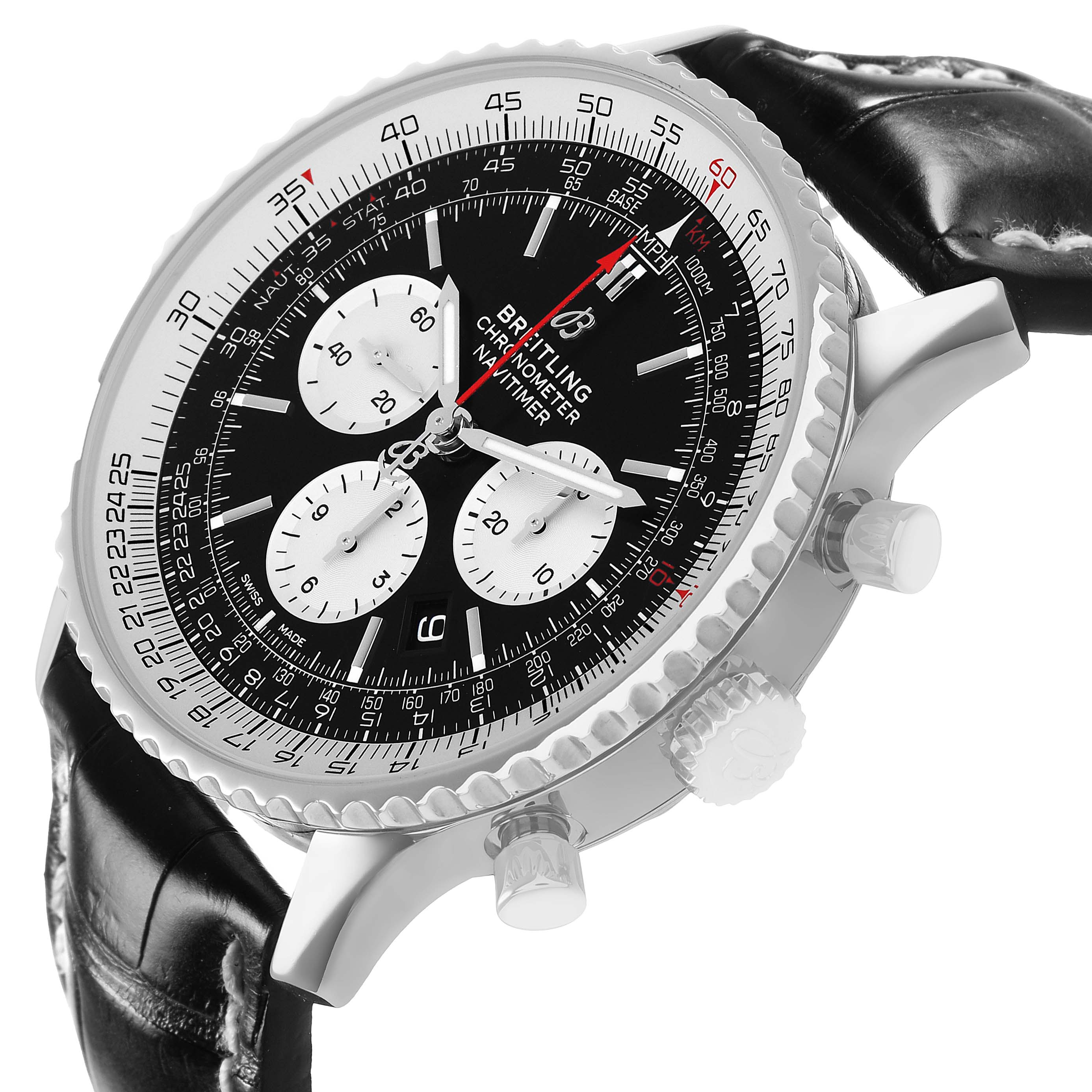 The Breitling Navitimer AB0127 Men's Stainless Steel Black Dial watch is shown at an angle highlighting the face, bezel, crown, and pushers.