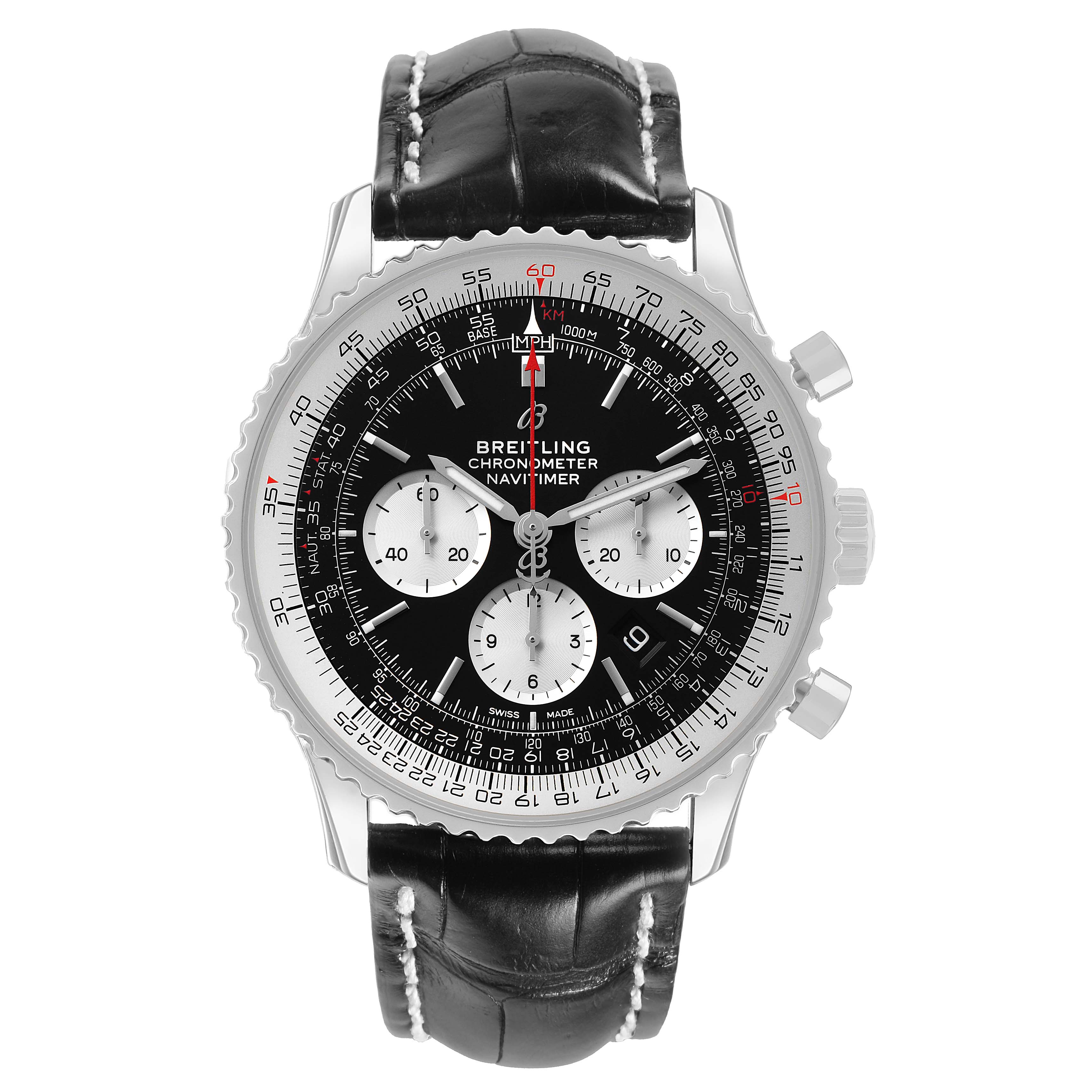 The Breitling Navitimer AB0127 Men's Stainless Steel Black Dial watch is shown from a top-down angle, displaying the dial, bezel, and leather strap.