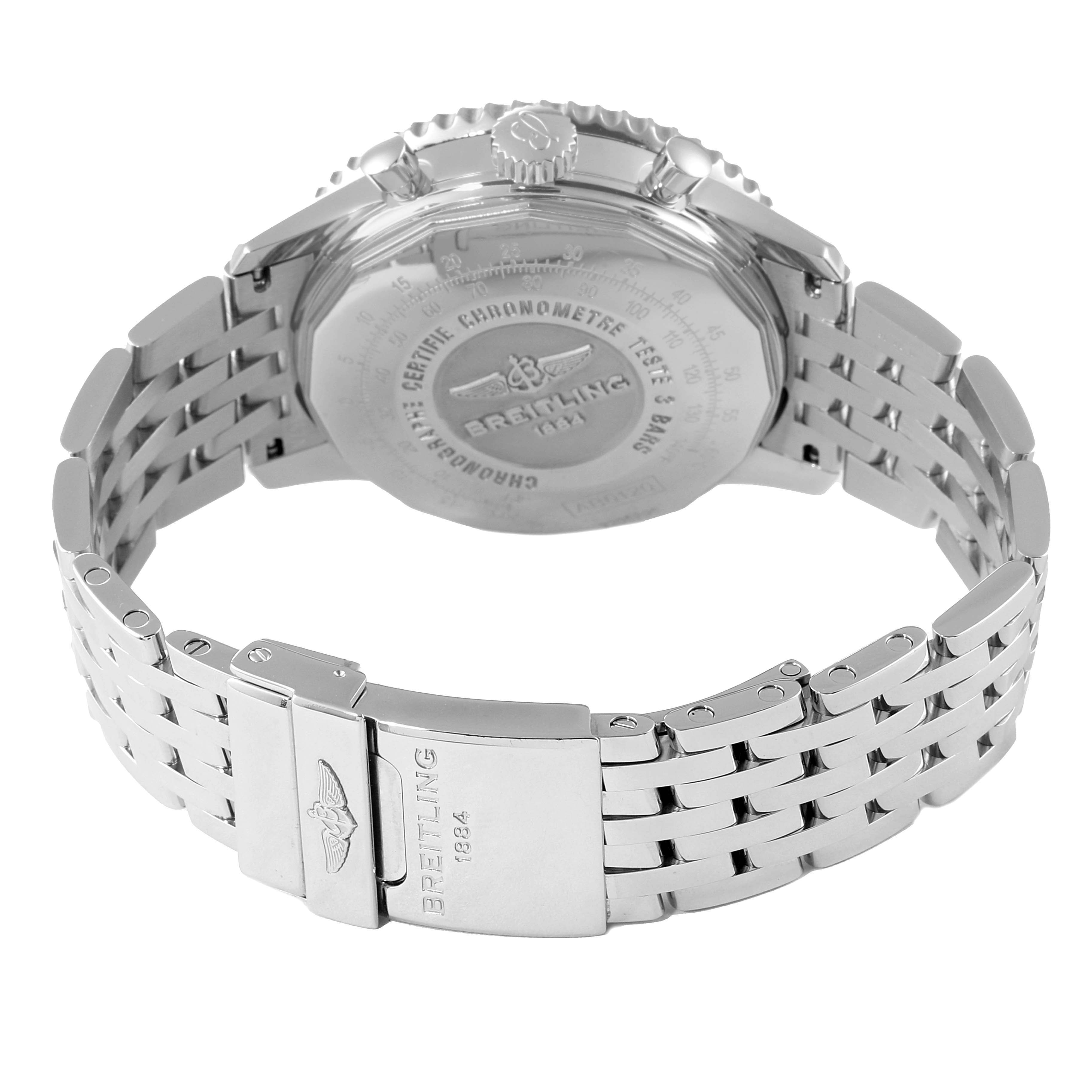 The image shows the back view of a Breitling Navitimer AB0120 Men's Stainless Steel Silver Dial AB0120 Men's Stainless Steel Silver Dial watch, highlighting the case back and metal bracelet clasp.
