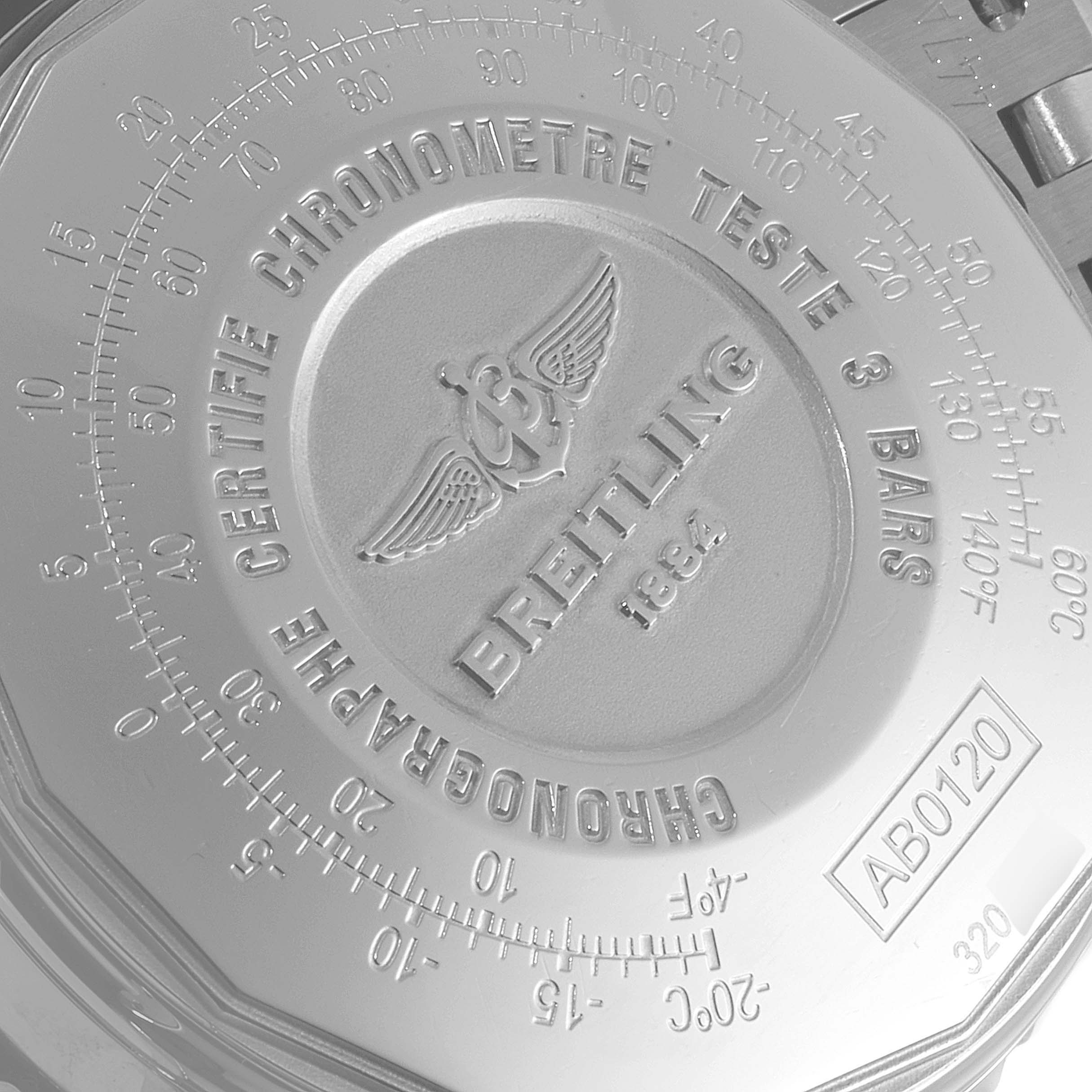 The image shows the back case of a Breitling Navitimer AB0120 Men's Stainless Steel Silver Dial AB0120 Men's Stainless Steel Silver Dial watch, highlighting its engravings and certification information.