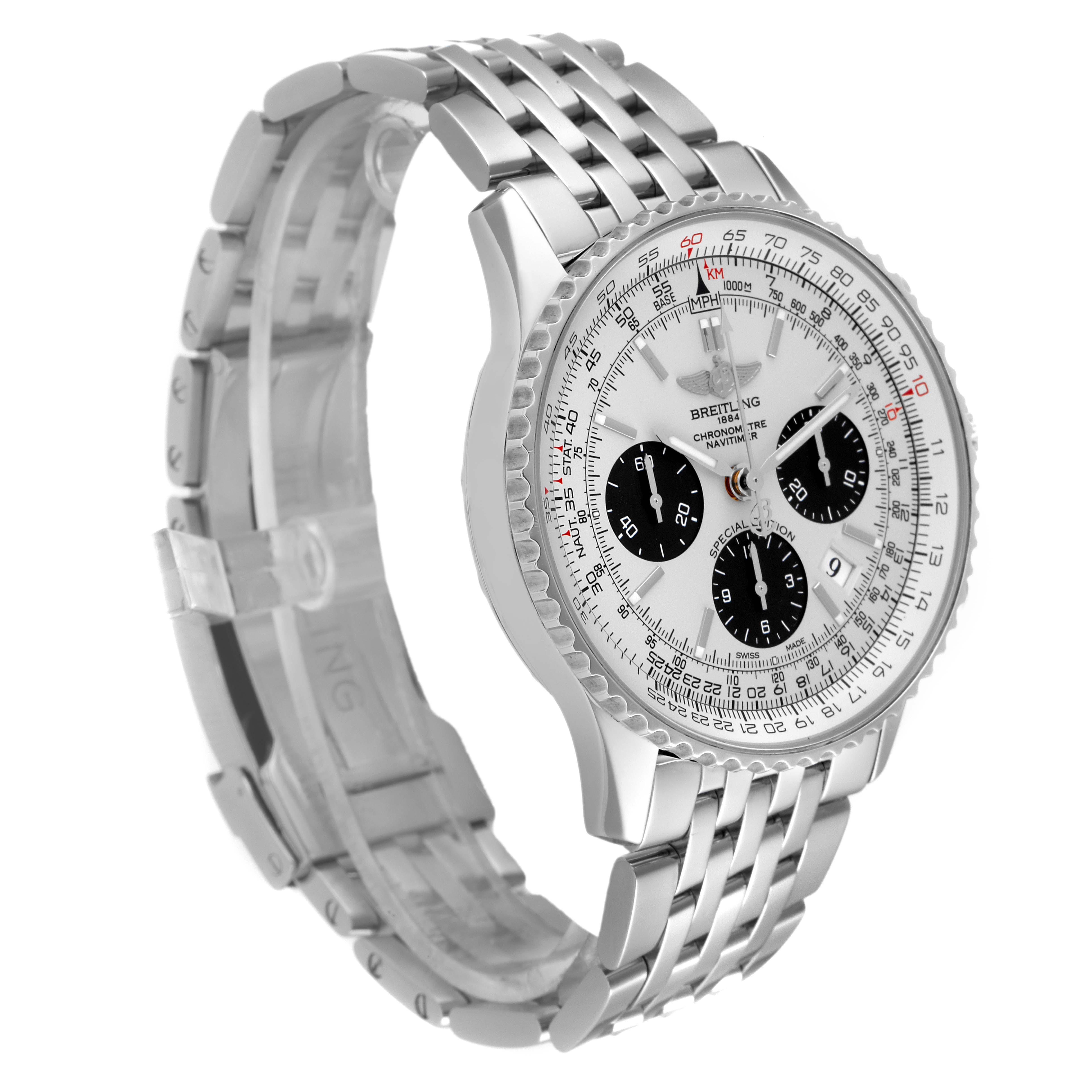 The image shows a Breitling Navitimer AB0120 Men's Stainless Steel Silver Dial AB0120 Men's Stainless Steel Silver Dial watch at a three-quarter angle, displaying its face, bezel, and metal bracelet.