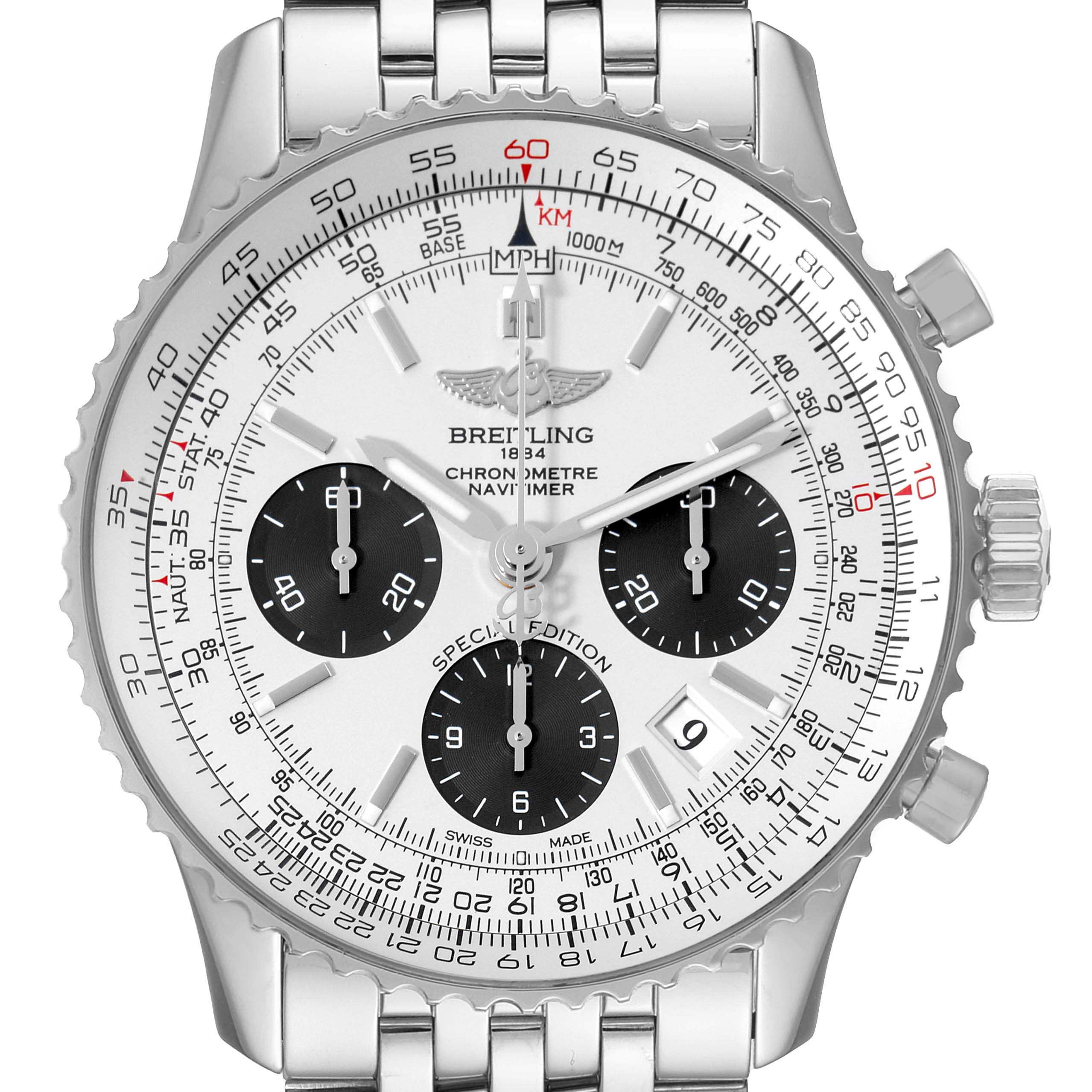 The image shows a front view of a Breitling Navitimer AB0120 Men's Stainless Steel Silver Dial AB0120 Men's Stainless Steel Silver Dial watch, featuring its dial, chronograph subdials, and part of the metal bracelet.