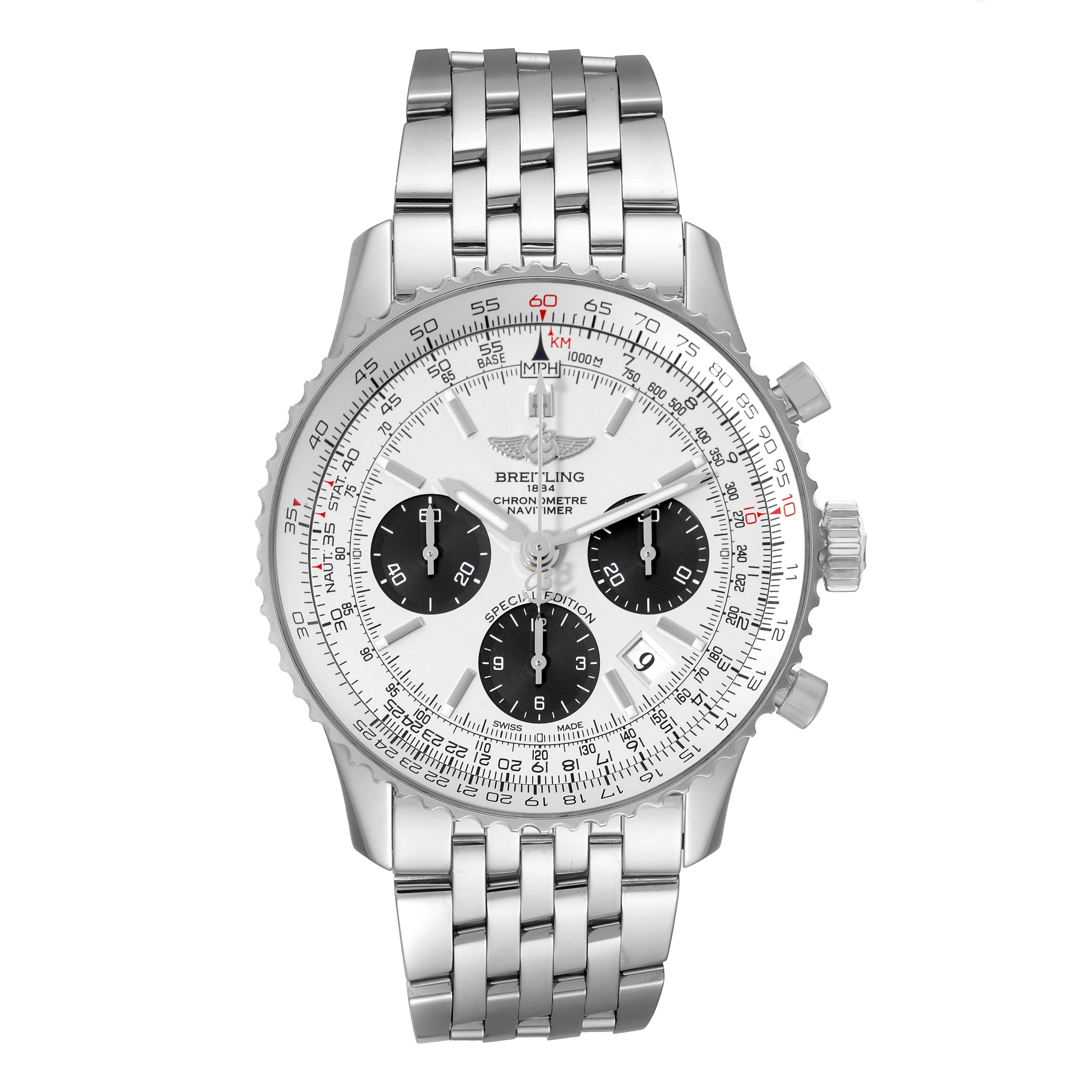 The image shows a front view of a Breitling Navitimer AB0120 Men's Stainless Steel Silver Dial AB0120 Men's Stainless Steel Silver Dial watch, displaying its face, bezel, and metal bracelet.