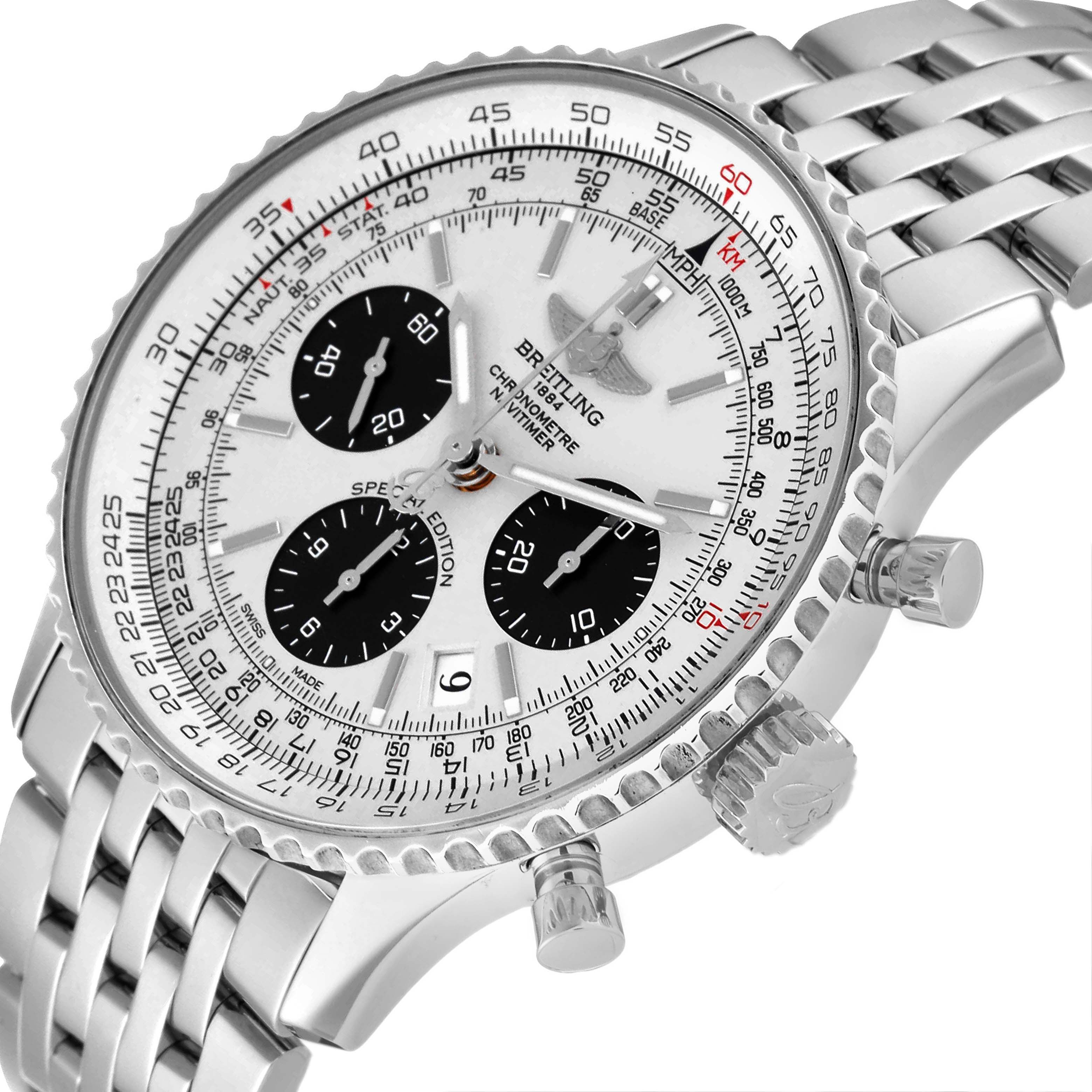The image shows a Breitling Navitimer AB0120 Men's Stainless Steel Silver Dial AB0120 Men's Stainless Steel Silver Dial watch at a slight side angle, highlighting the dial, bezel, and part of the metal bracelet.