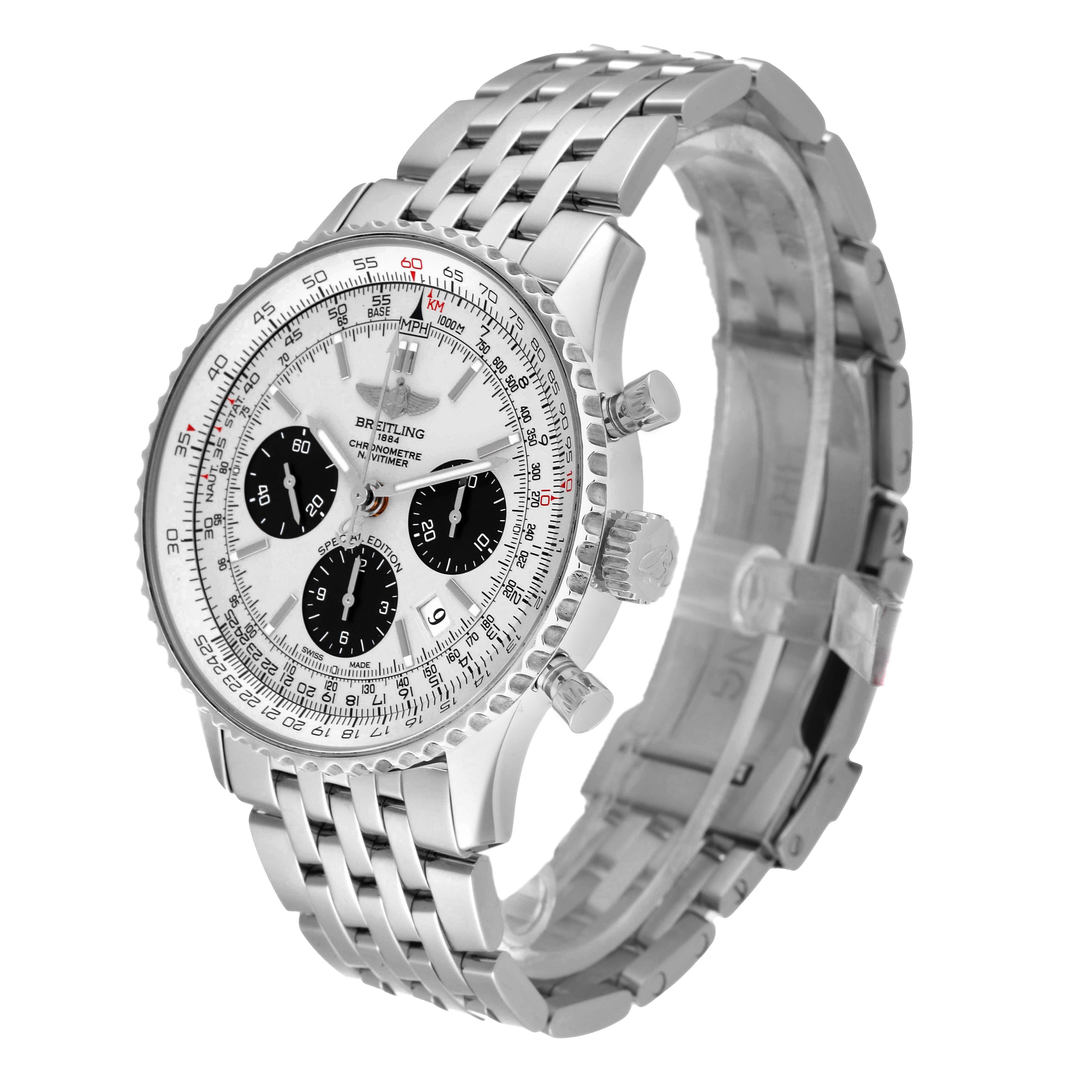 The Breitling Navitimer AB0120 Men's Stainless Steel Silver Dial AB0120 Men's Stainless Steel Silver Dial watch is shown at a three-quarter angle, displaying the face, bezel, crown, and part of the bracelet.