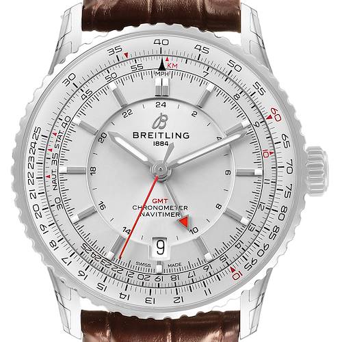 The Breitling Navitimer A32310 Men's Stainless Steel Silver Dial watch is shown from the front, displaying the dial, bezel, hands, and part of the strap.