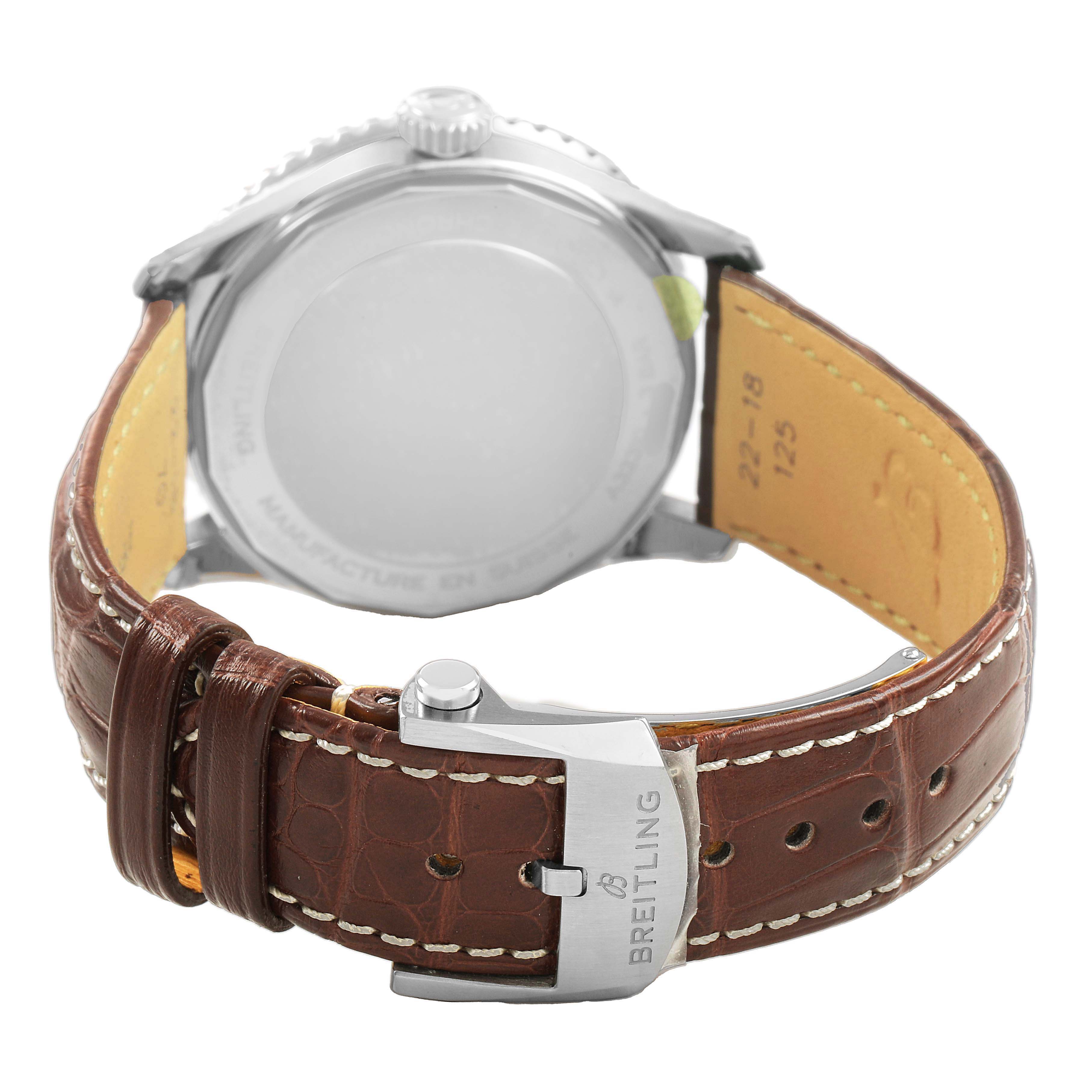 The image shows the back view of a Breitling Navitimer A32310 Men's Stainless Steel Silver Dial, highlighting the leather strap and buckle.
