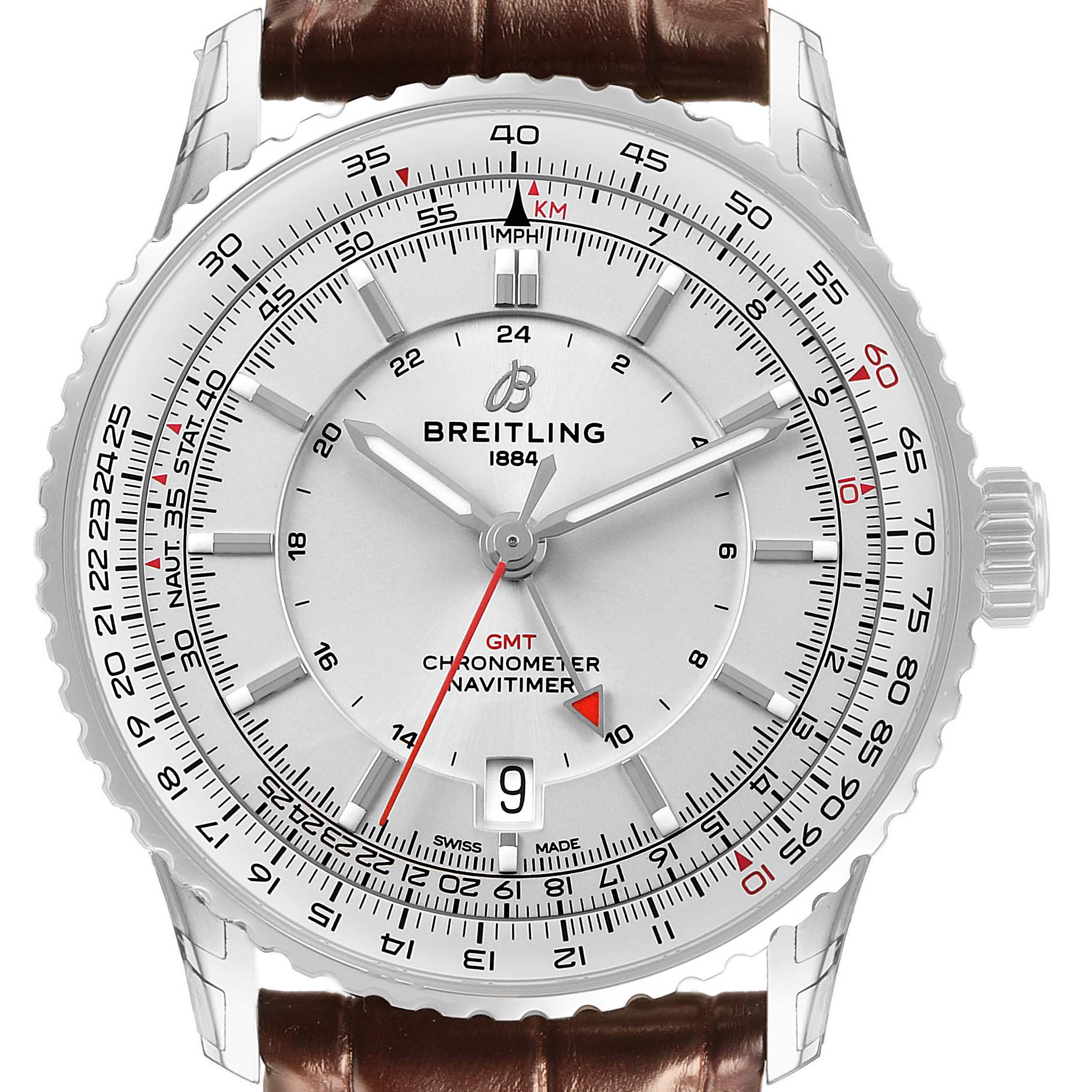 The Breitling Navitimer A32310 Men's Stainless Steel Silver Dial watch is shown from a front angle, highlighting its dial, bezel, and brown leather strap.