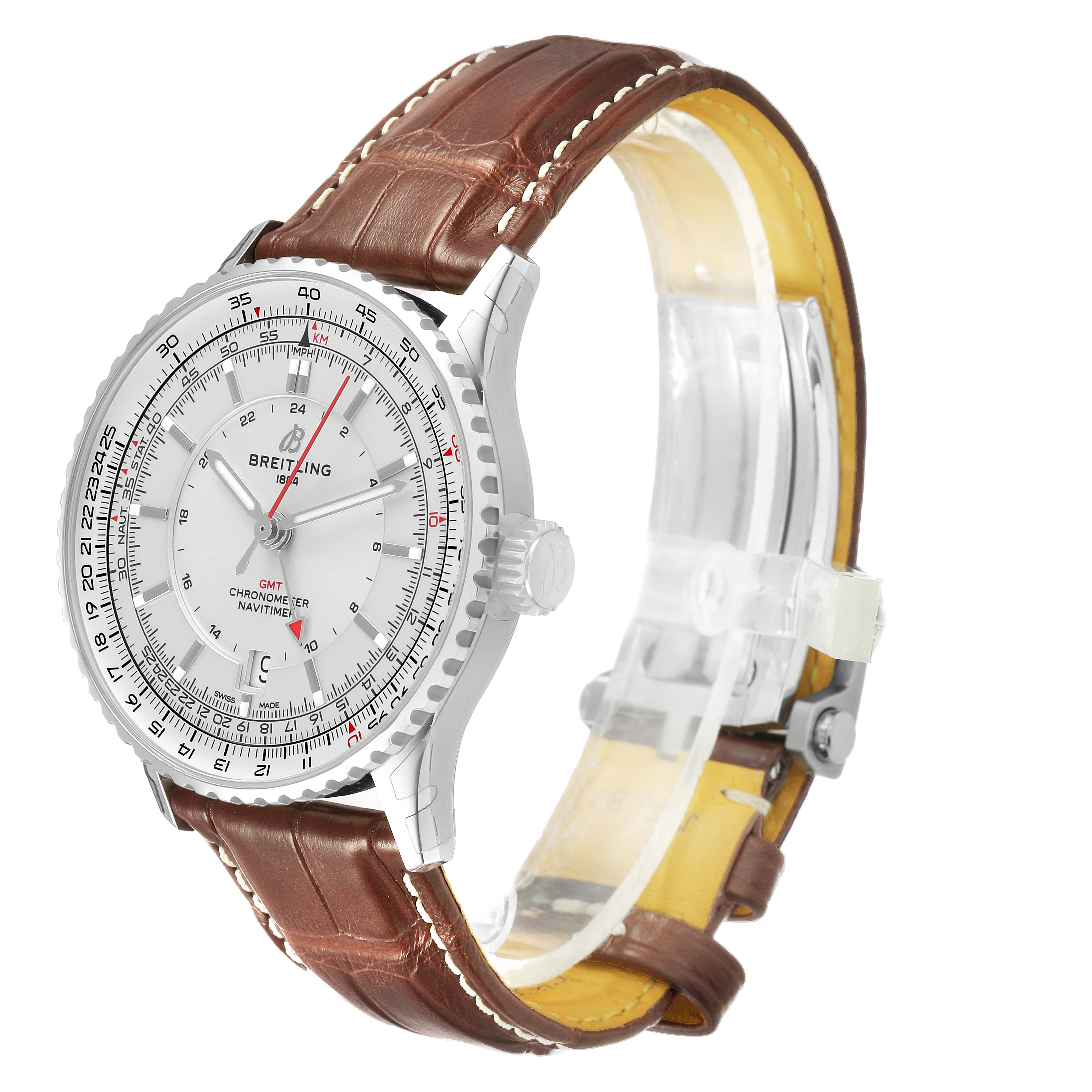 The Breitling Navitimer A32310 Men's Stainless Steel Silver Dial watch is displayed at a three-quarter angle, showing the face, bezel, crown, and brown leather strap.