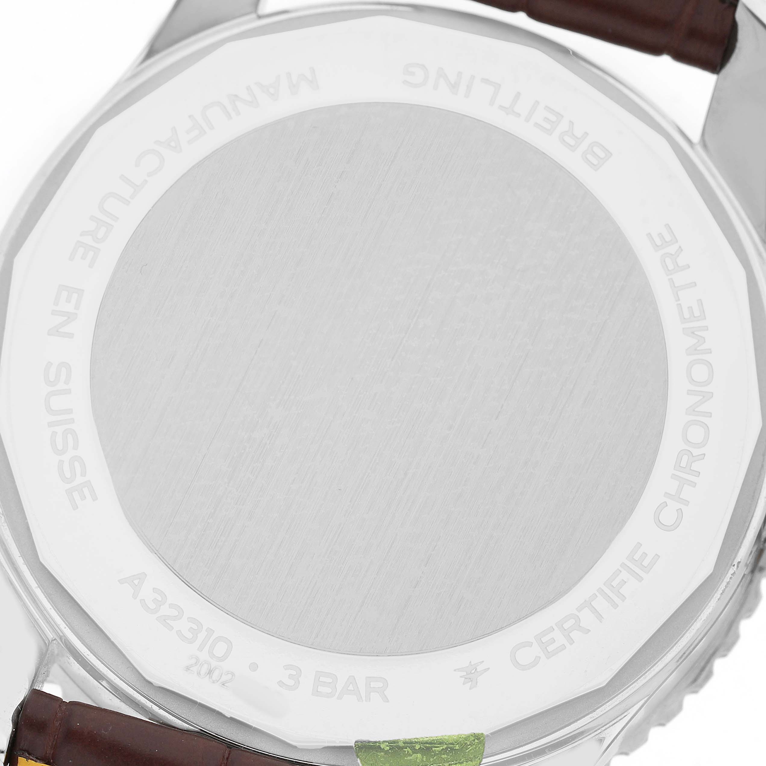 The image shows the back of a Breitling Navitimer A32310 Men's Stainless Steel Silver Dial watch, displaying the case back with engraved details.
