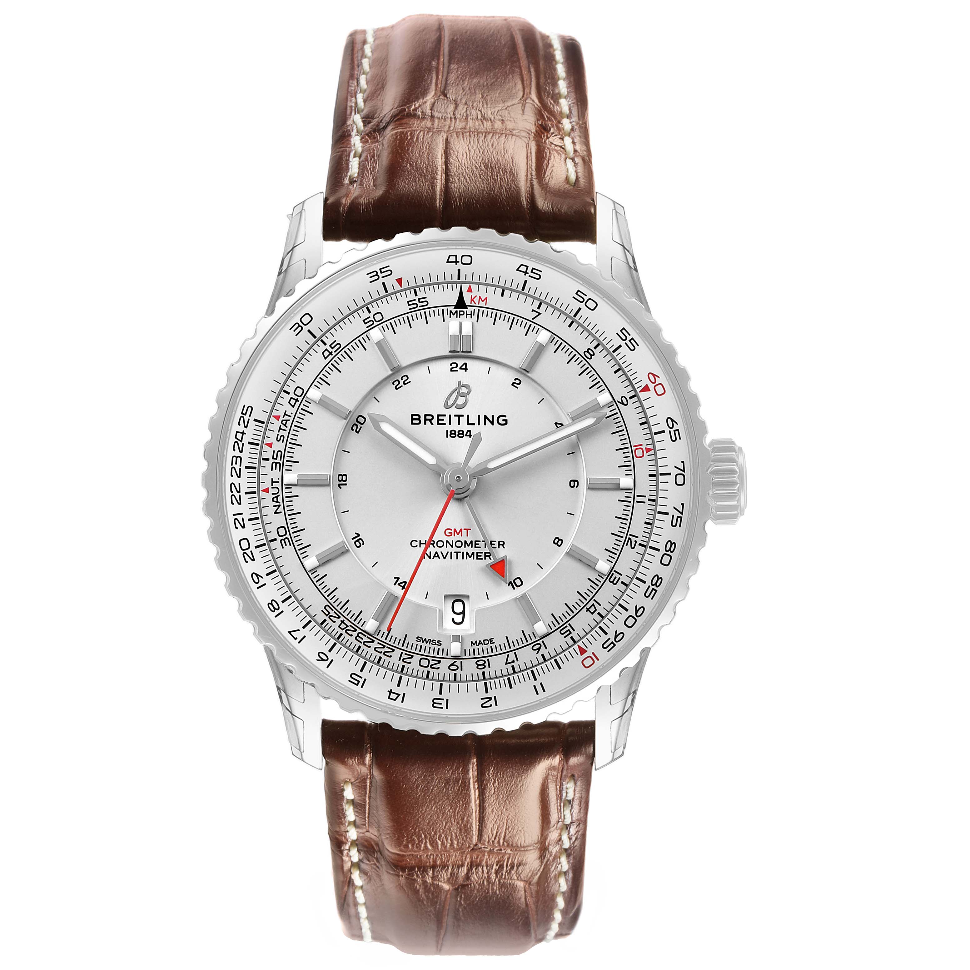 The Breitling Navitimer A32310 Men's Stainless Steel Silver Dial is shown from the front, displaying its dial, bezel, hands, and brown leather strap.