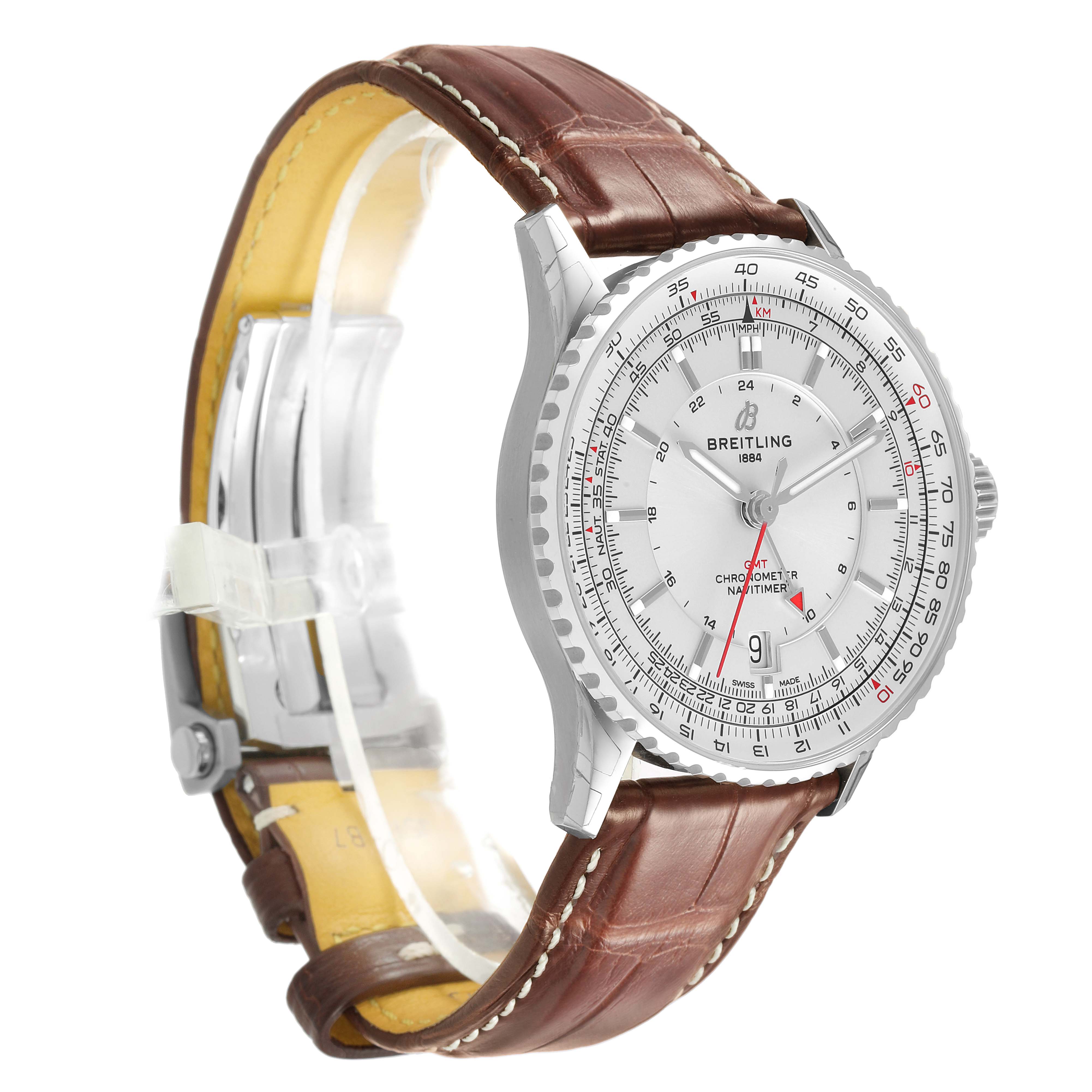 The Breitling Navitimer A32310 Men's Stainless Steel Silver Dial watch is shown at a three-quarter angle, highlighting the dial, bezel, and brown leather strap with a clasp.