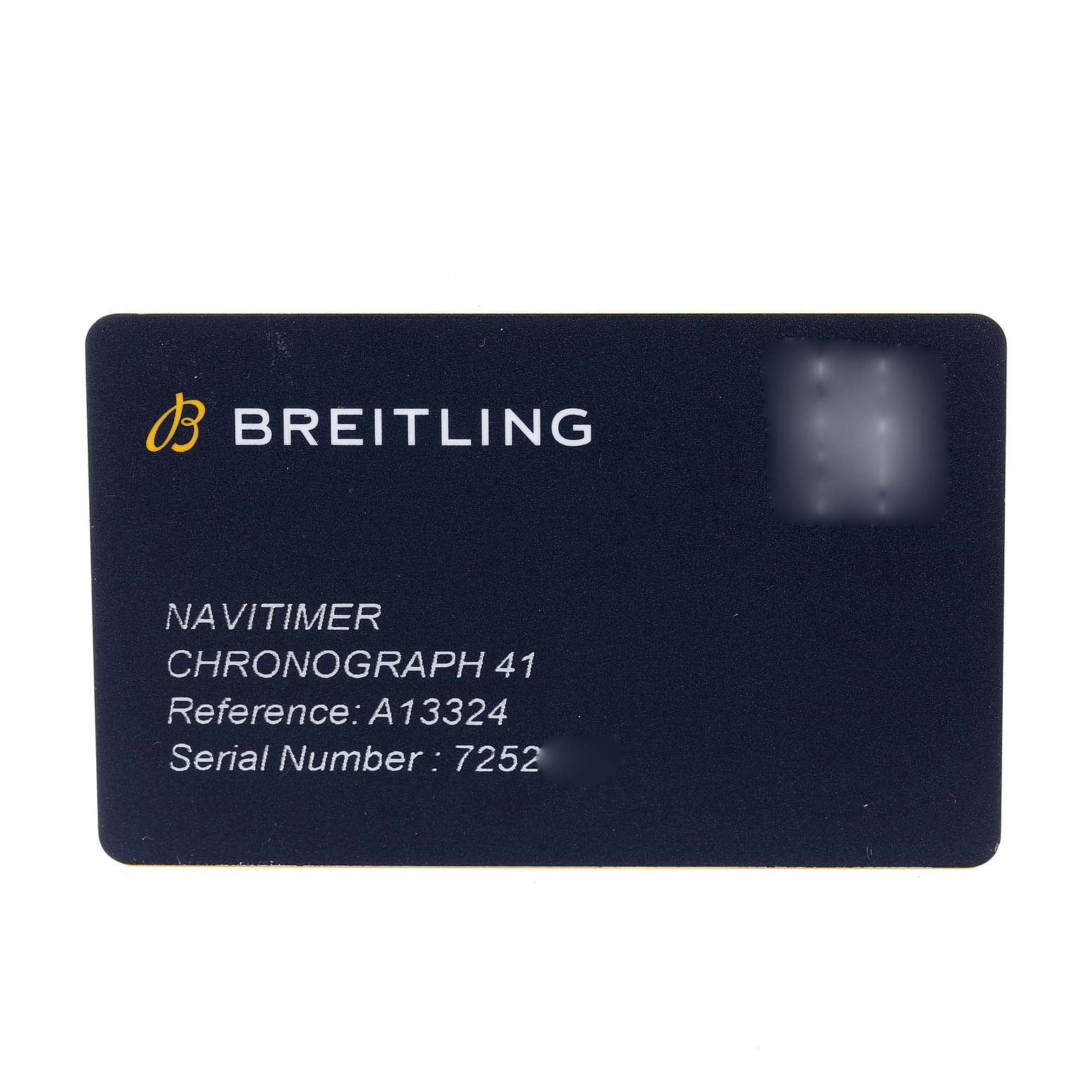 The image shows a Breitling Navitimer A13324 Men's Stainless Steel Black Dial A13324 Men's Stainless Steel Black Dial Chronograph 41 reference card with the model, reference number, and partially blurred serial number.