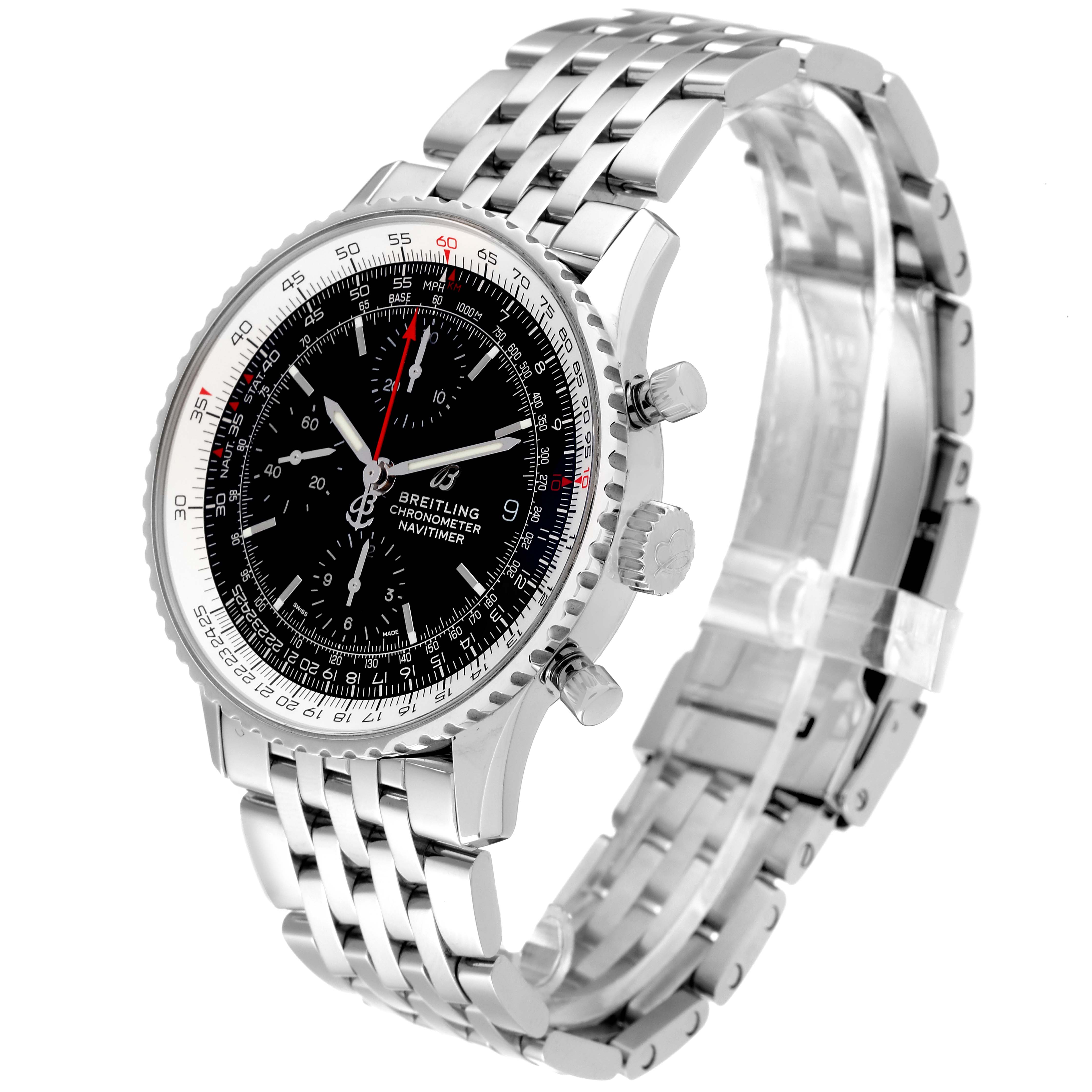 The image shows a Breitling Navitimer A13324 Men's Stainless Steel Black Dial A13324 Men's Stainless Steel Black Dial watch at a three-quarter angle, highlighting the face, bezel, crown, pushers, and bracelet.