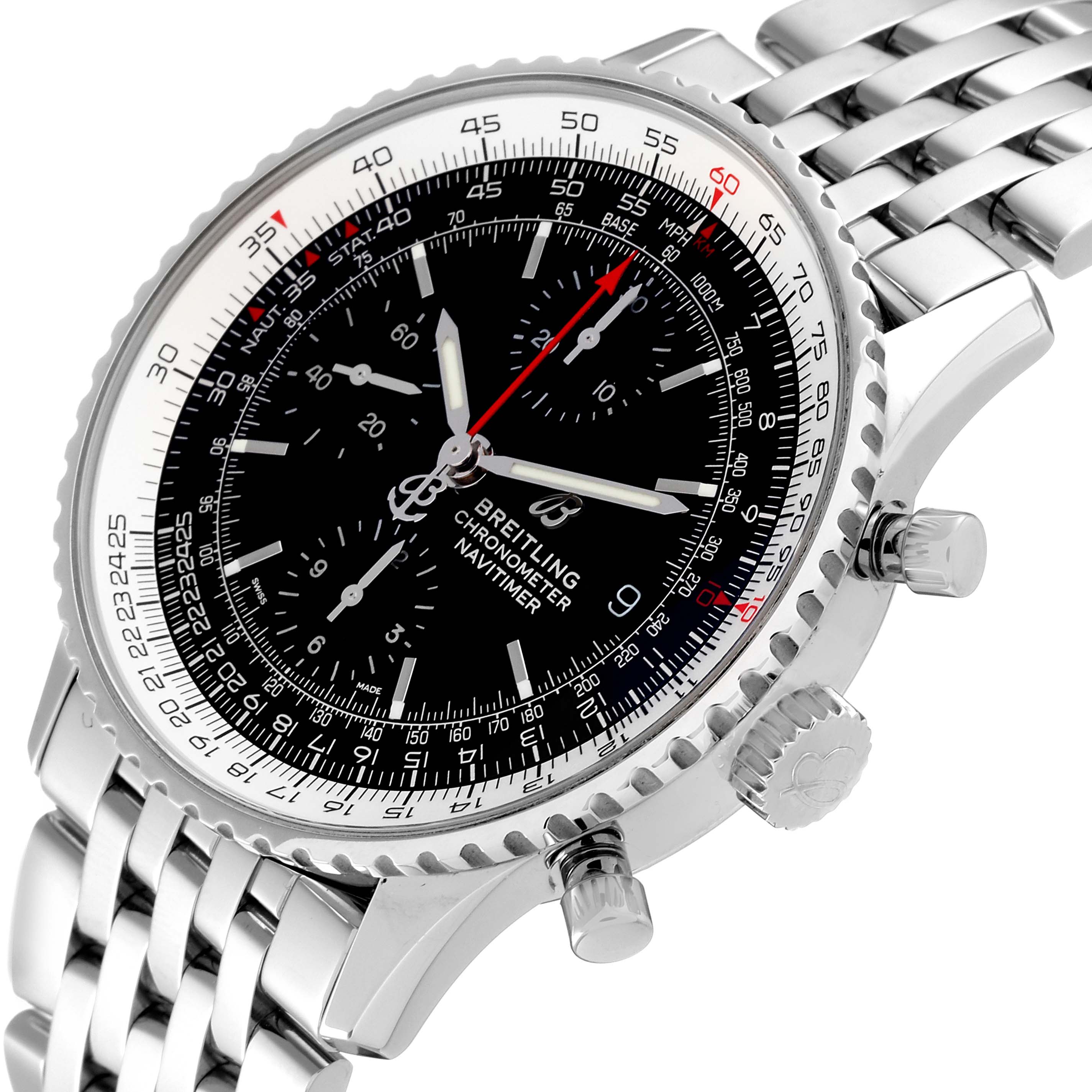 The image shows a close-up, angled view of the Breitling Navitimer A13324 Men's Stainless Steel Black Dial A13324 Men's Stainless Steel Black Dial watch displaying its face, bezel, crown, and part of the bracelet.
