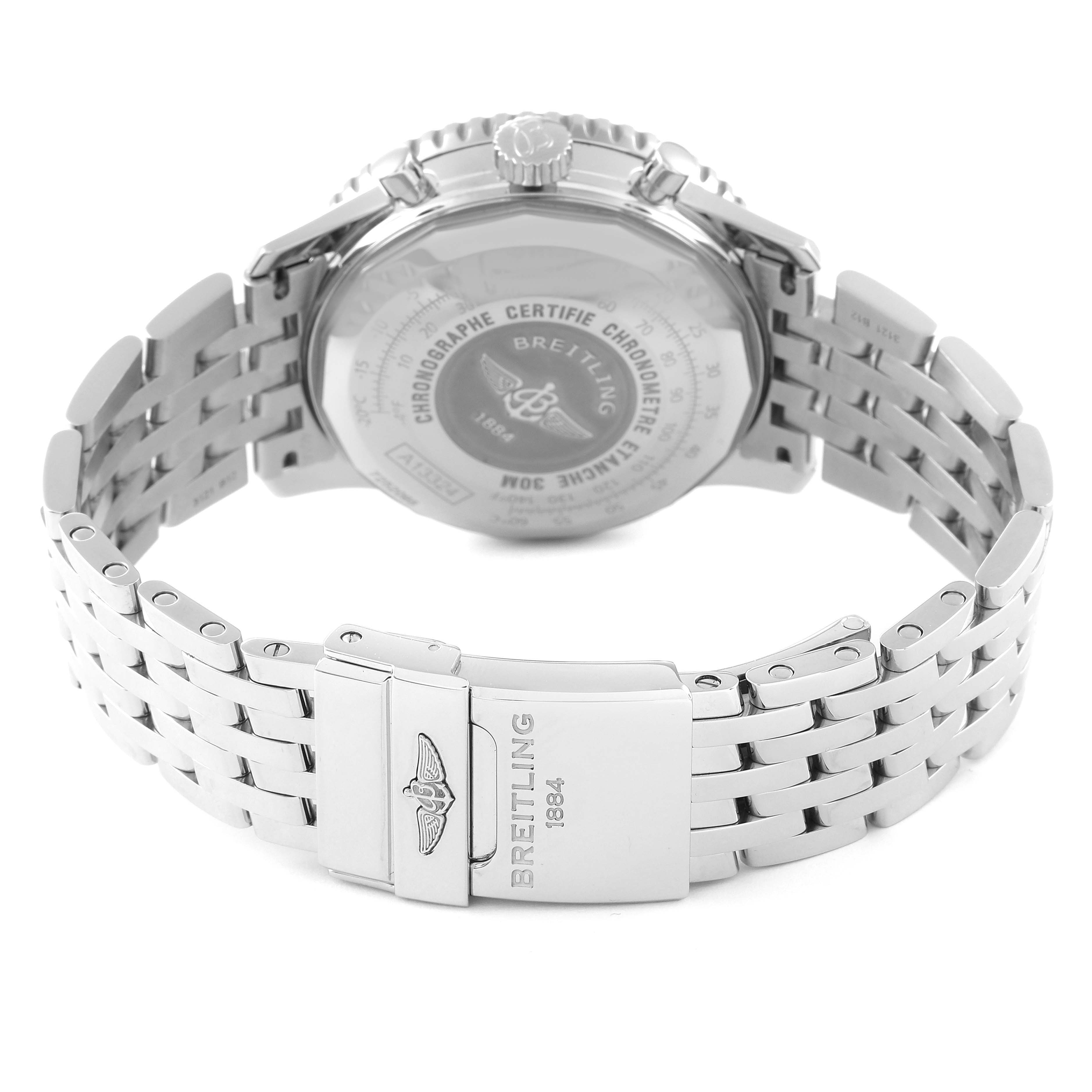 The image shows the back view of the Breitling Navitimer A13324 Men's Stainless Steel Black Dial A13324 Men's Stainless Steel Black Dial watch, featuring its case back and metal bracelet with clasp.