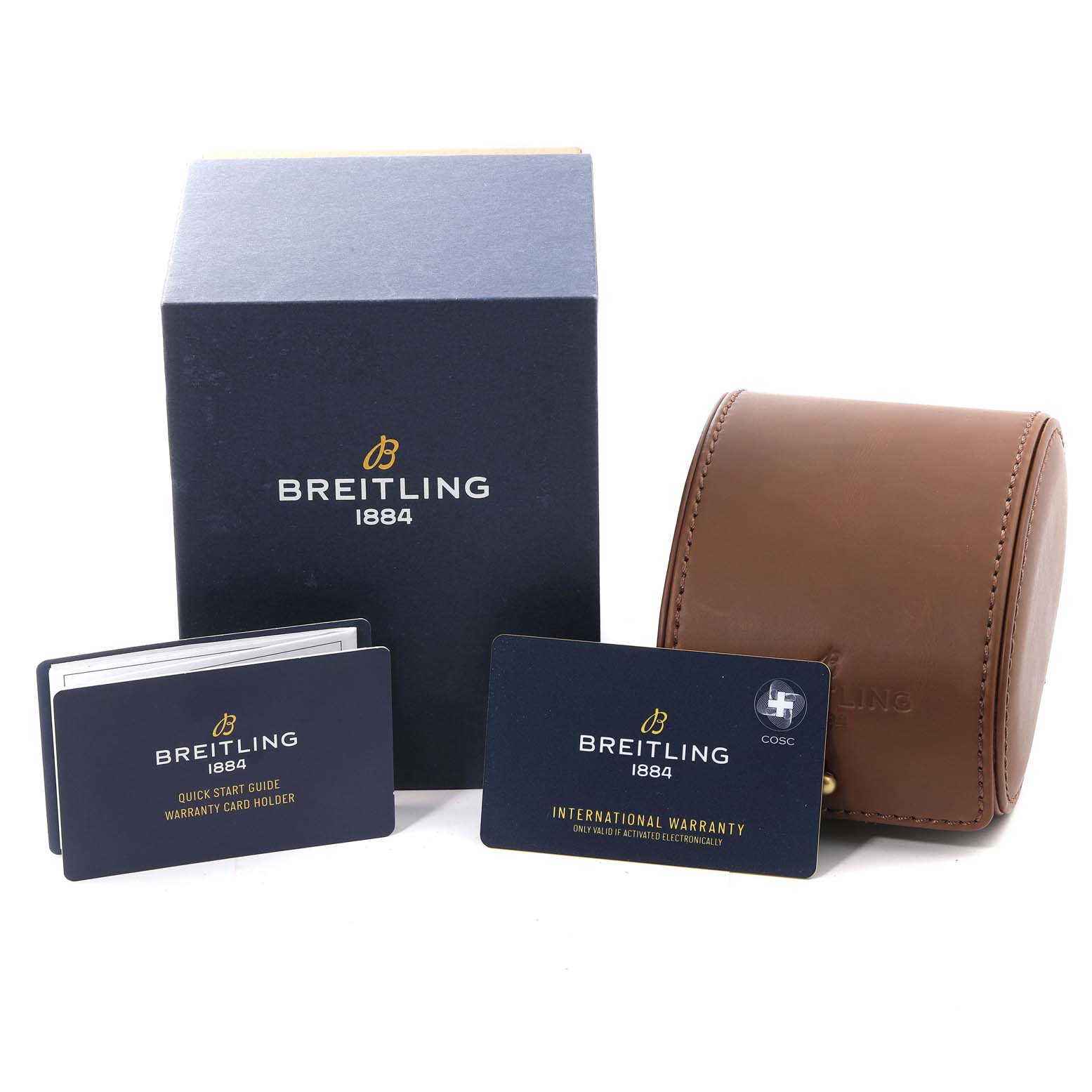 The image shows packaging and accessories of a Breitling Navitimer A13324 Men's Stainless Steel Black Dial A13324 Men's Stainless Steel Black Dial, including a box, leather case, warranty cards, and a manual.